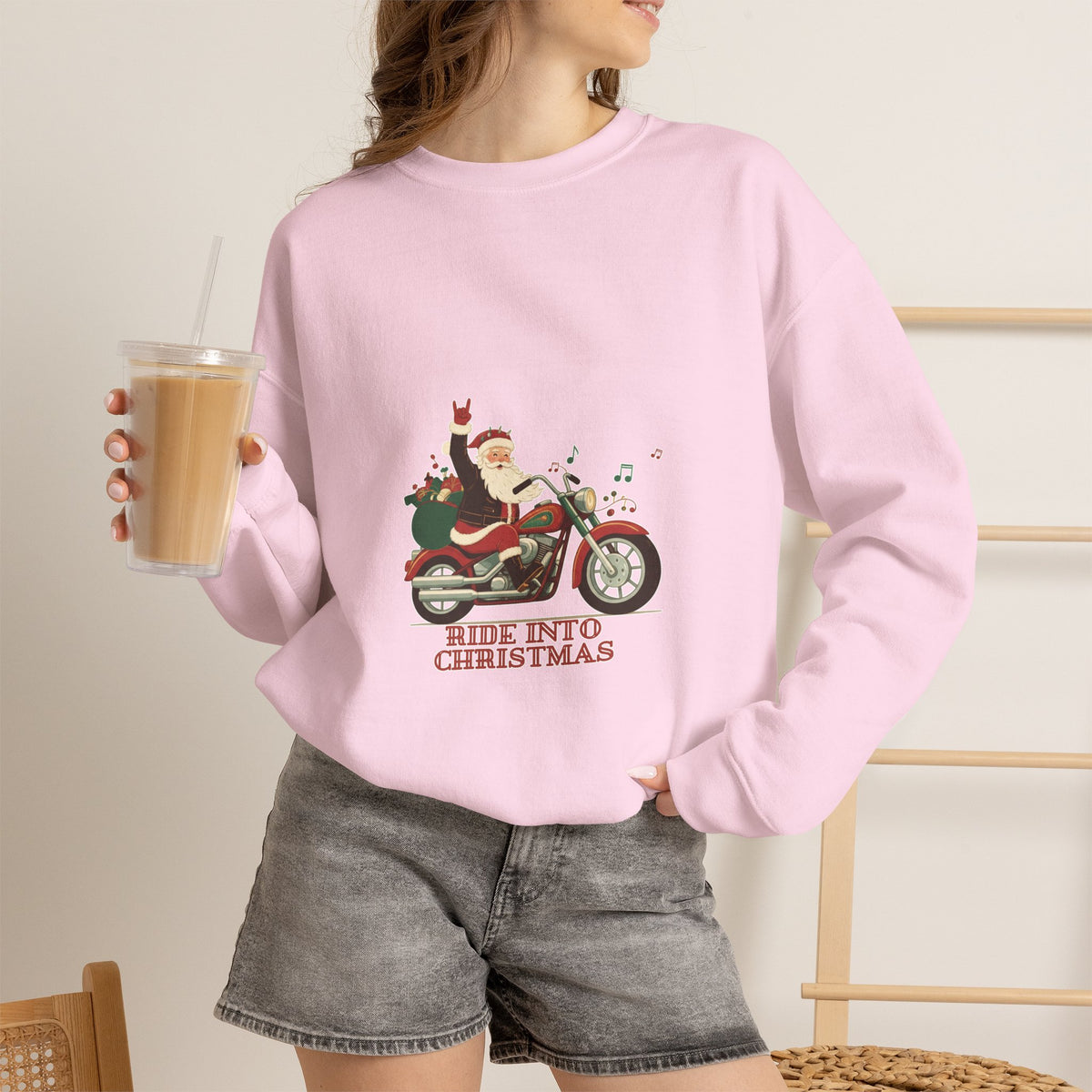 Christmas Motorcycle Sweatshirt - "Ride Into Christmas" Santa Biker Holiday Crewneck