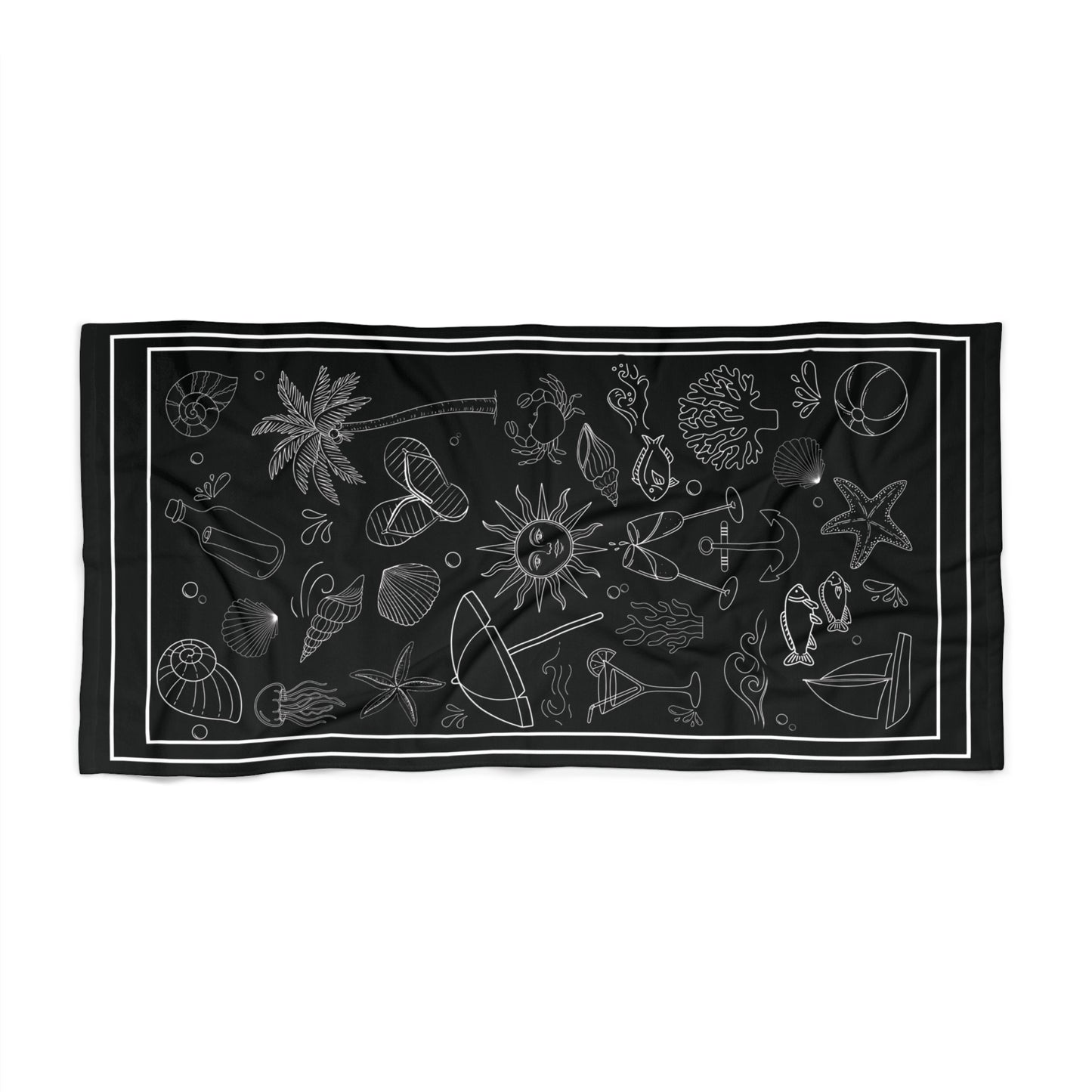 Chalkboard Seashells Beach Towel — Black Nautical Sketch Design
