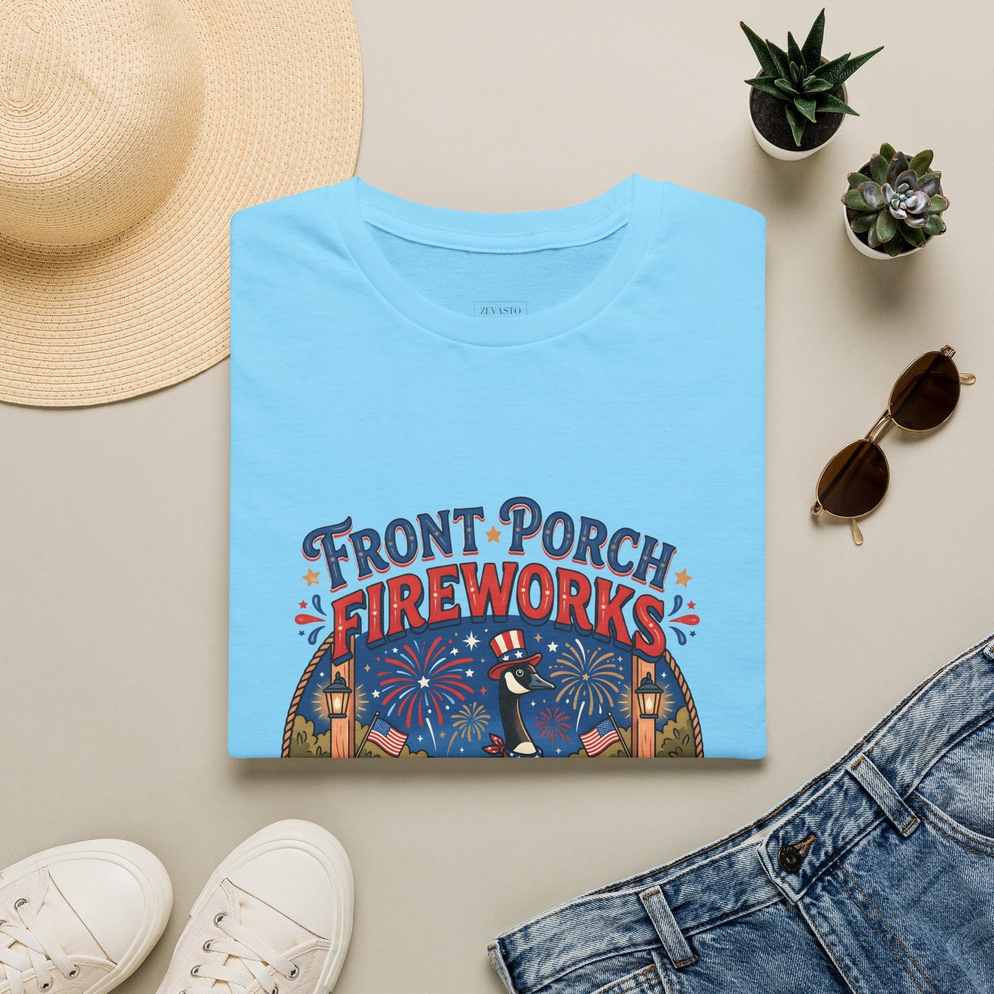 Front Porch Fireworks, Goose T-Shirt — Patriotic 4th of July Celebration Tee
