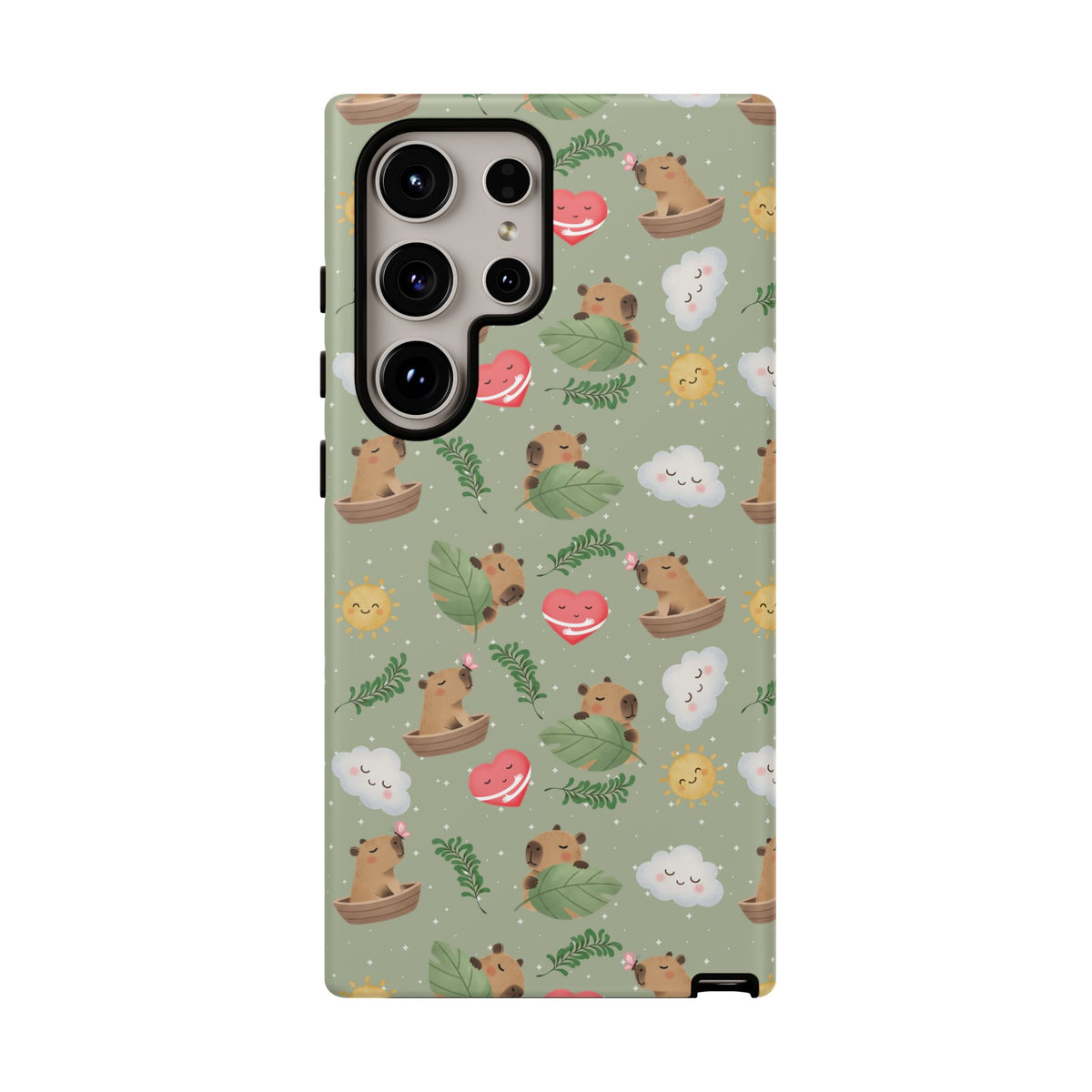 Cute Capybara Pattern Phone Case — Green Botanical Tough Case