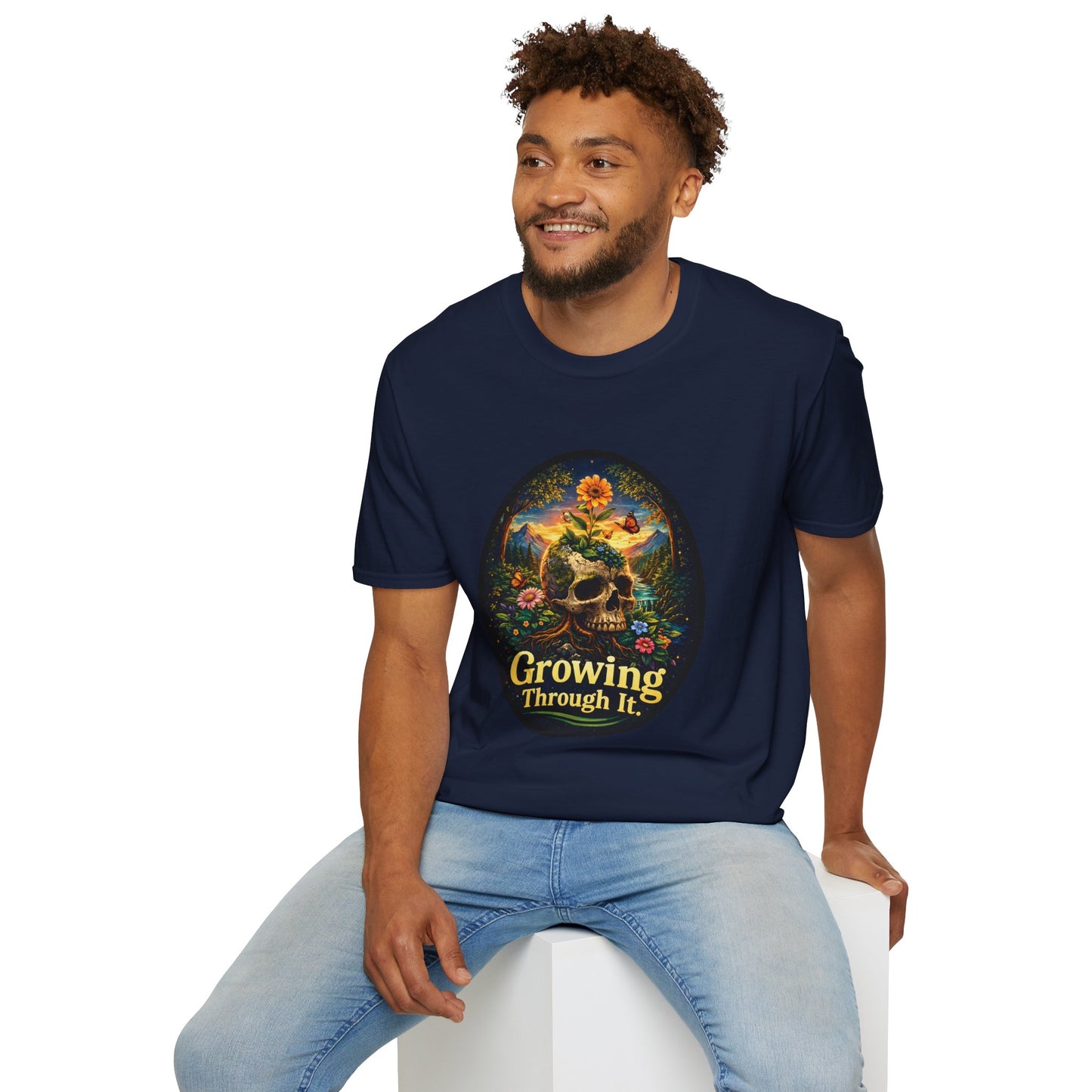 Growing Through It T-Shirt – Earth Day Nature Skull Graphic Tee | Mental Growth & Healing Shirt | Botanical Aesthetic Unisex Tee