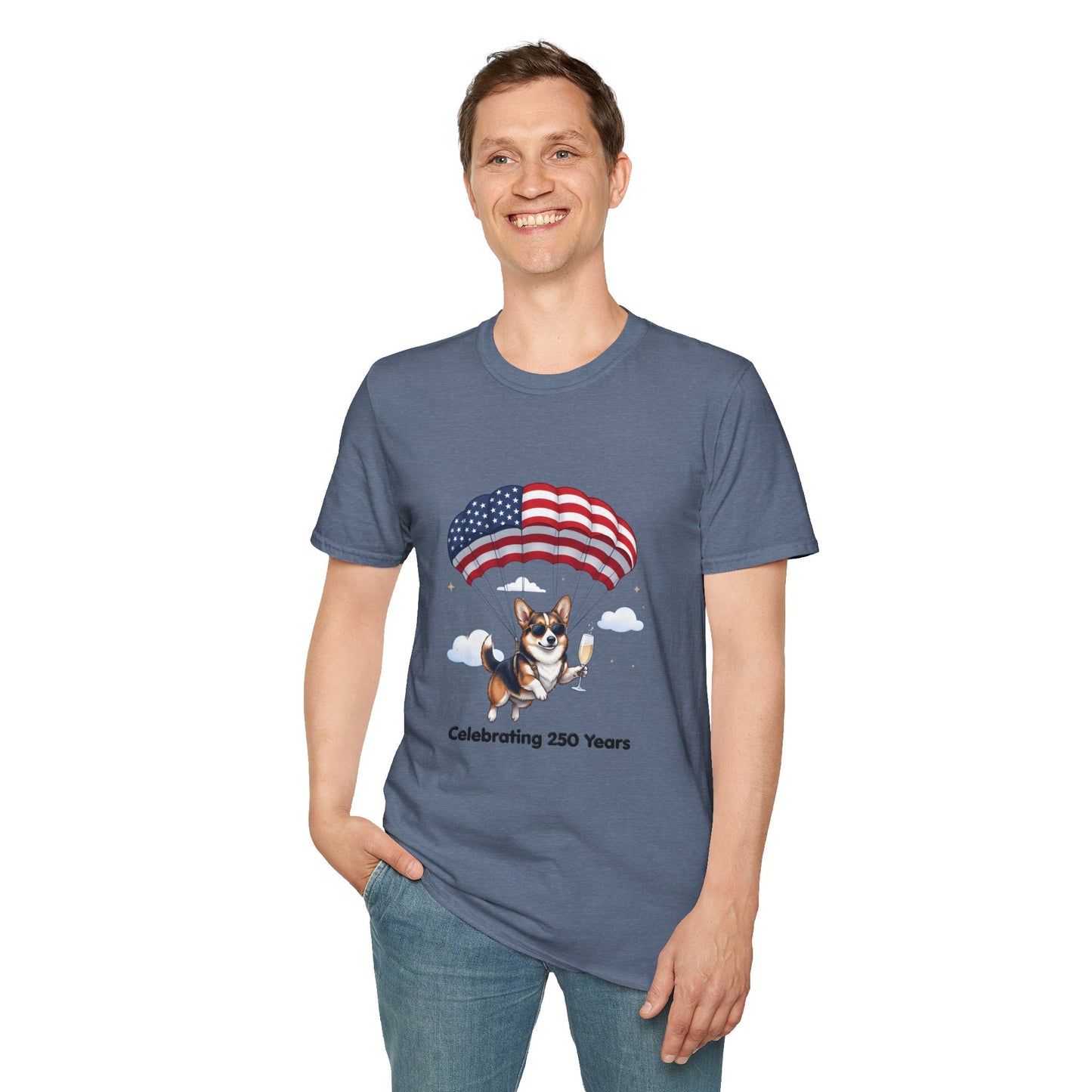 Corgi Parachute American Flag T-Shirt — "Celebrating 250 Years" Patriotic Tee