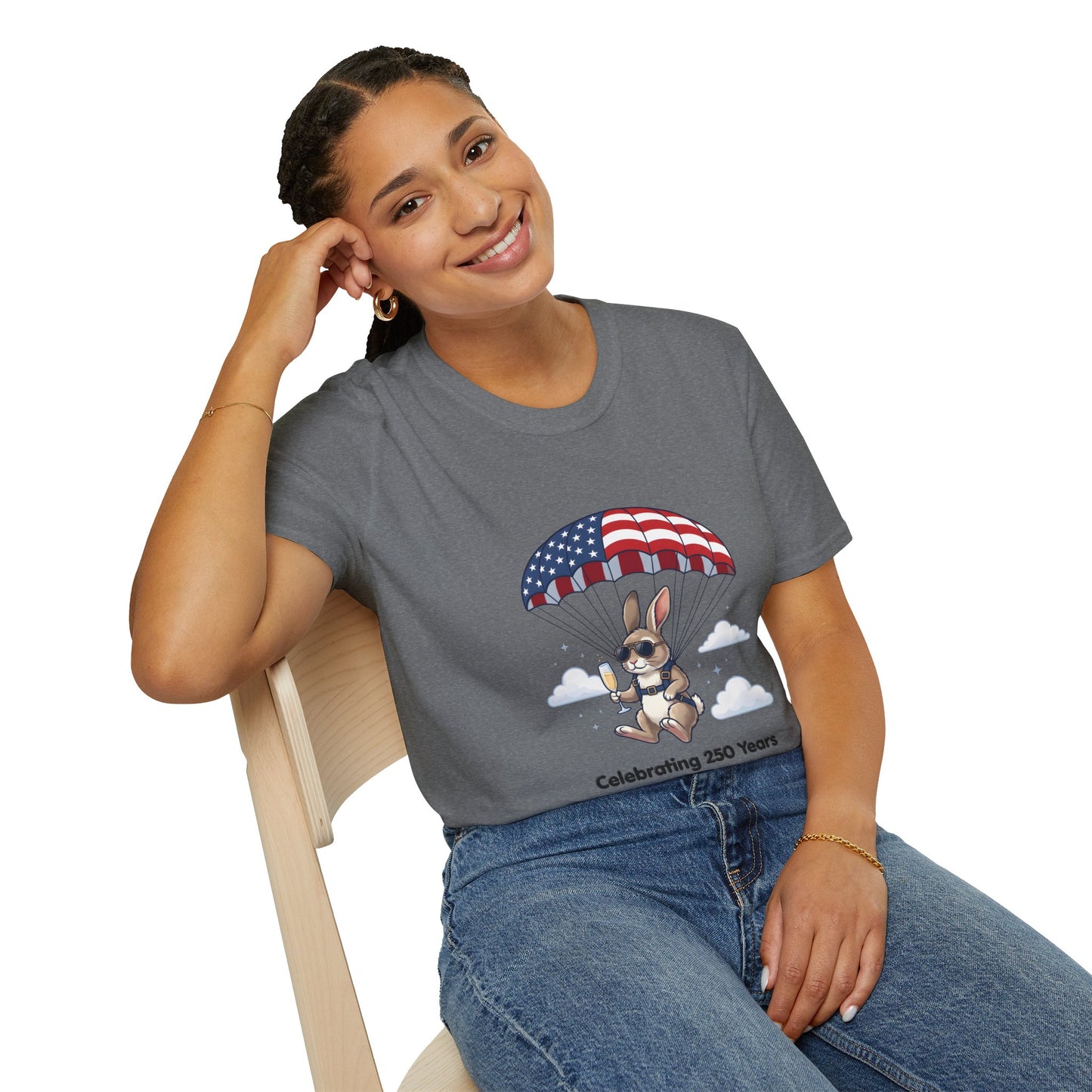 Patriotic Parachuting Bunny T-Shirt — "Celebrating 250 Years"