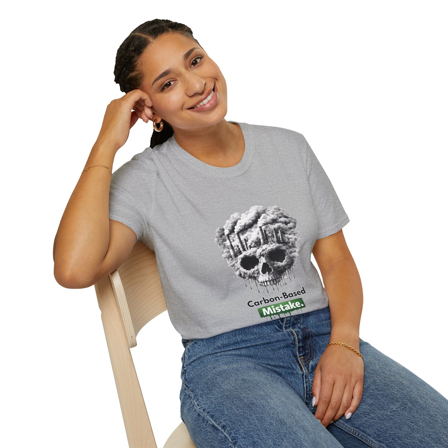 Carbon-Based Mistake Skull T-Shirt — Dark Humor Graphic Tee for Earth Day