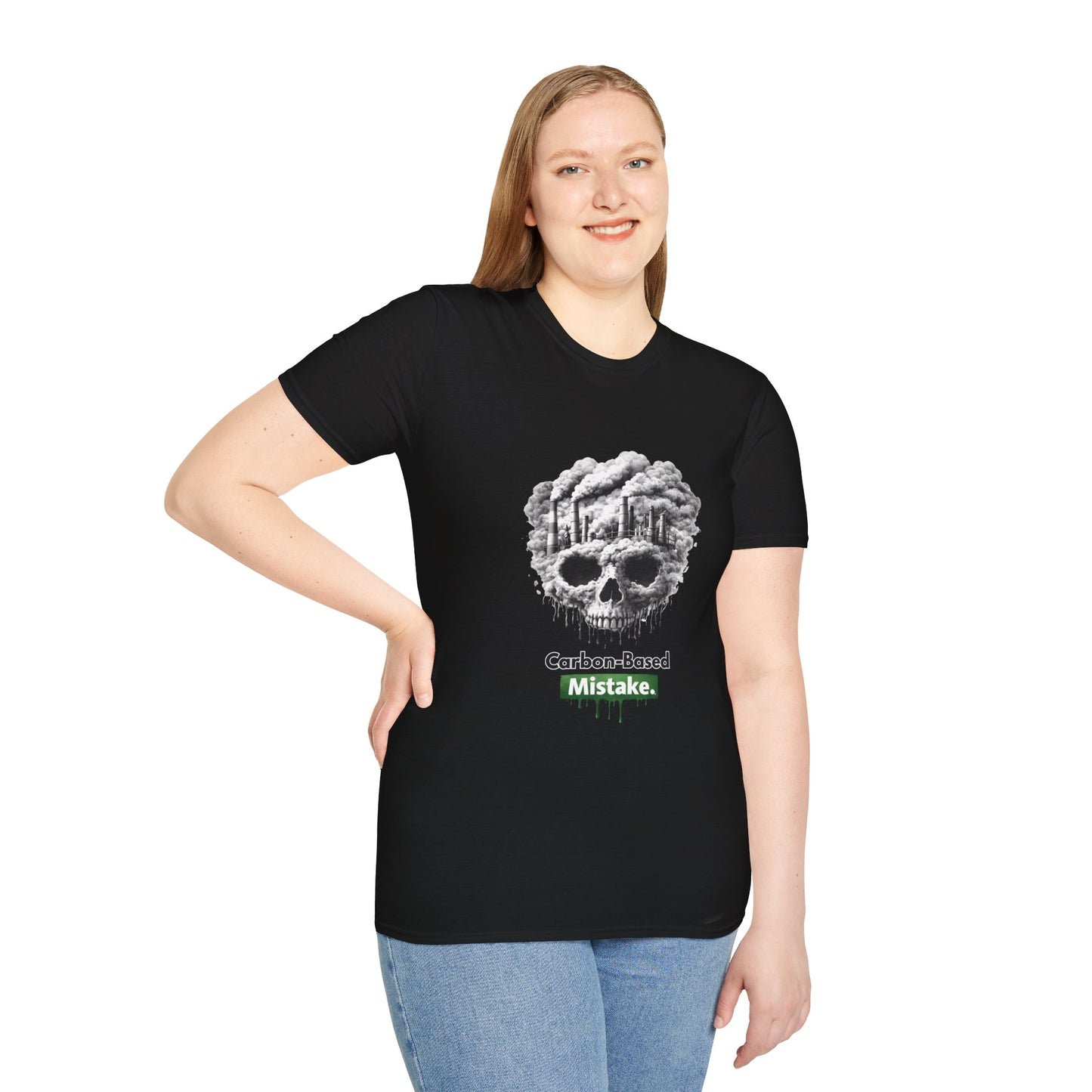 Carbon-Based Mistake Skull T-Shirt — Dark Humor Graphic Tee for Earth Day