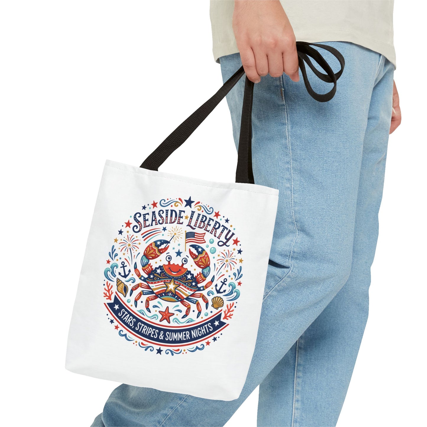 Seaside Liberty Tote Bag — 4th of July, Patriotic Bag "Stars, Stripes & Summer Nights"