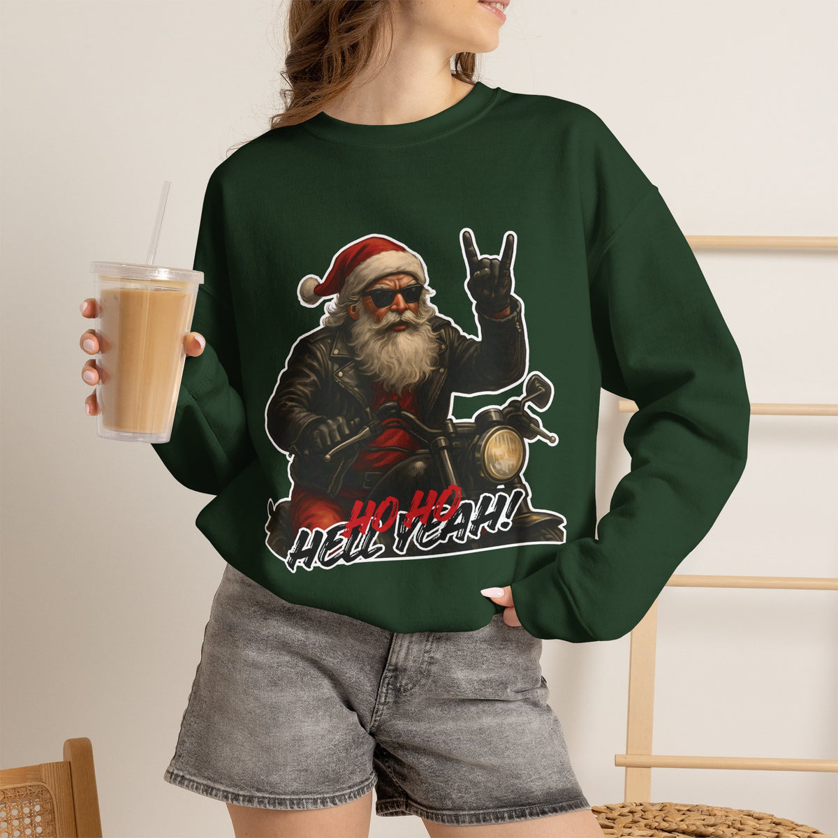 Santa Biker Crewneck Sweatshirt – 'Ho Ho Hell Yeah' Christmas Motorcycle Pullover