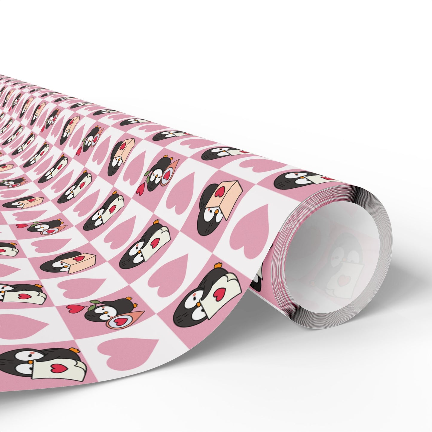 Penguin Hearts Wrapping Paper Roll — Pink Valentine Gift Wrap
