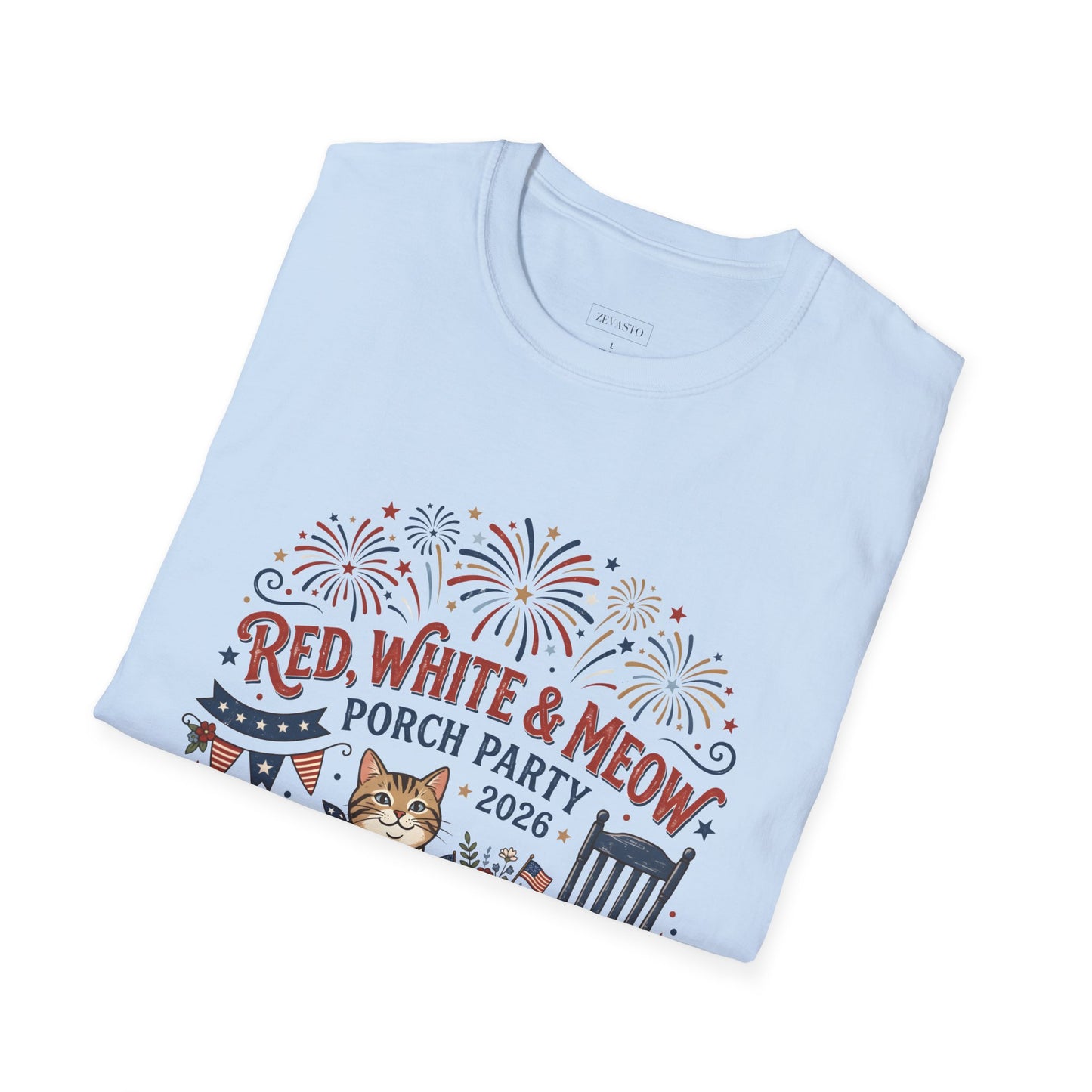 Red, White & Meow Porch Party T-Shirt — 2026 Patriotic Cat Tee, 4th of July Shirt, Independence Day Gift