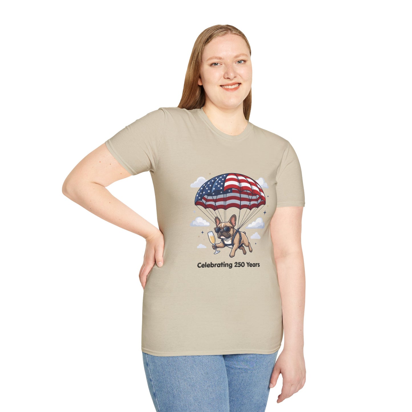 Patriotic French Bulldog T-Shirt — "Celebrating 250 Years" Parachute Design