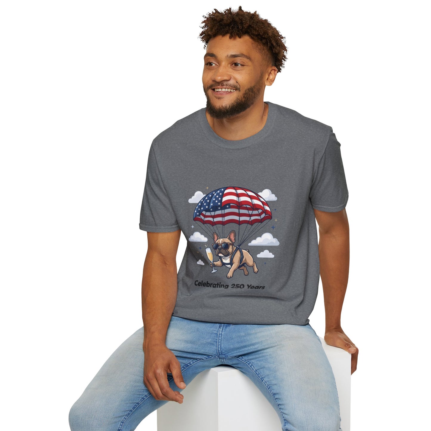 Patriotic French Bulldog T-Shirt — "Celebrating 250 Years" Parachute Design