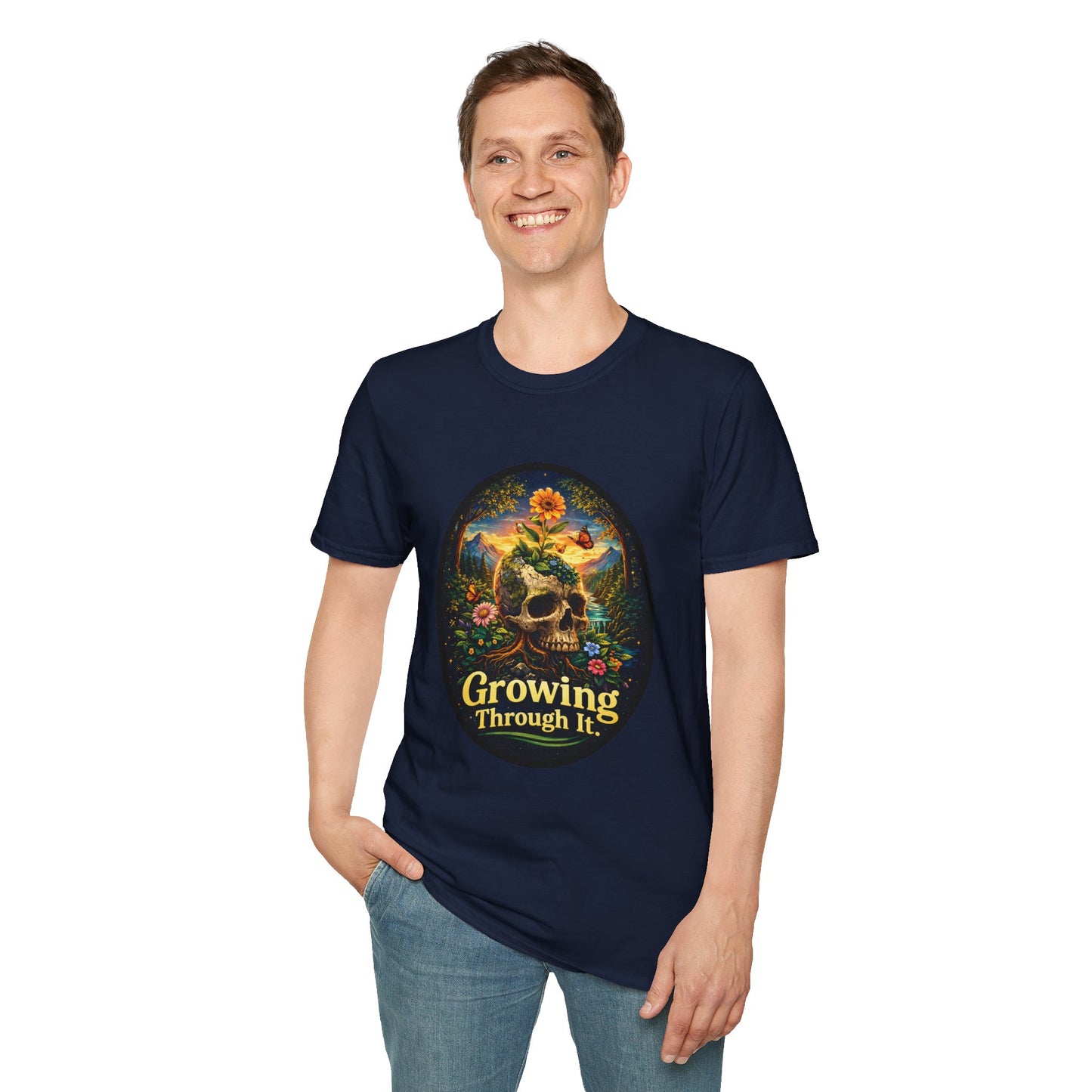 Growing Through It T-Shirt – Earth Day Nature Skull Graphic Tee | Mental Growth & Healing Shirt | Botanical Aesthetic Unisex Tee