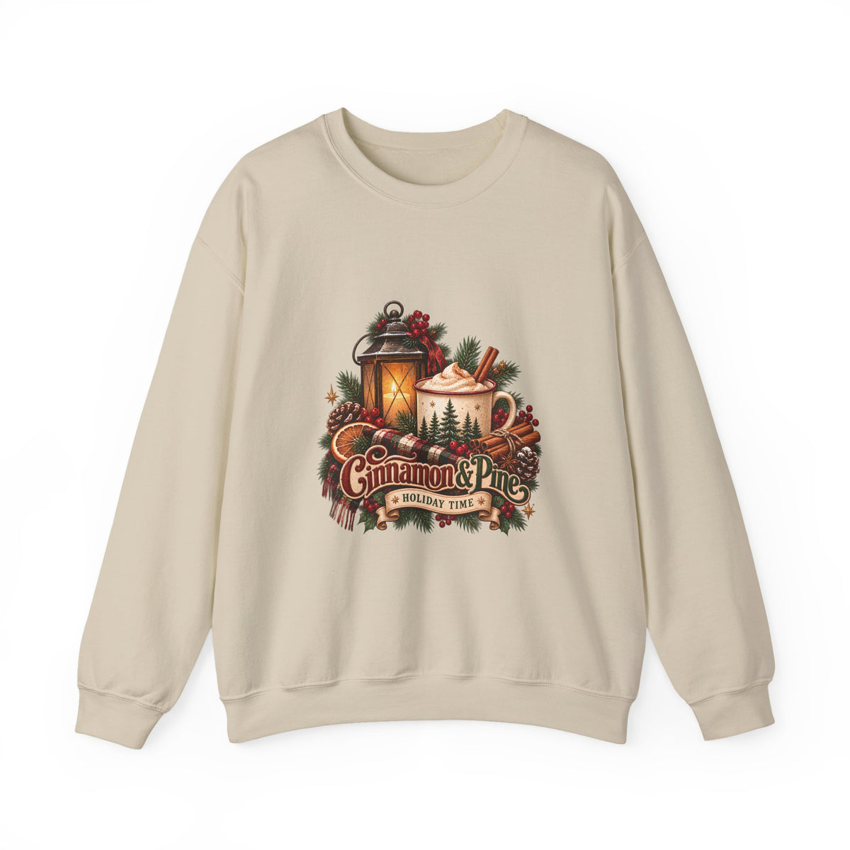 Cinnamon & Pine Crewneck Sweatshirt — Cozy Holiday Lantern Design Sweatshirt