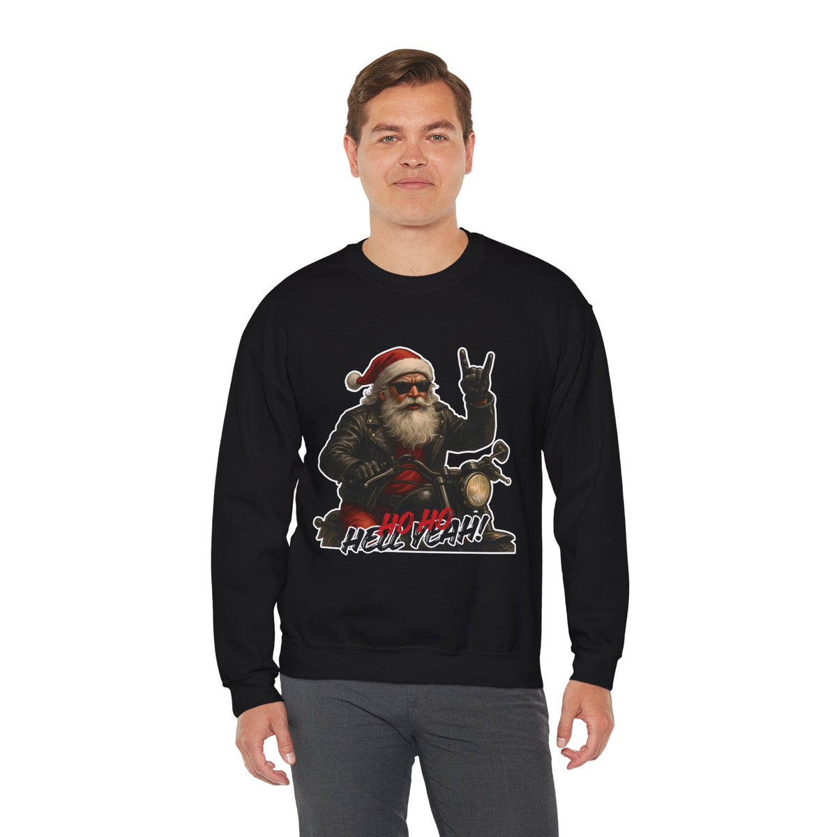 Santa Biker Crewneck Sweatshirt – 'Ho Ho Hell Yeah' Christmas Motorcycle Pullover