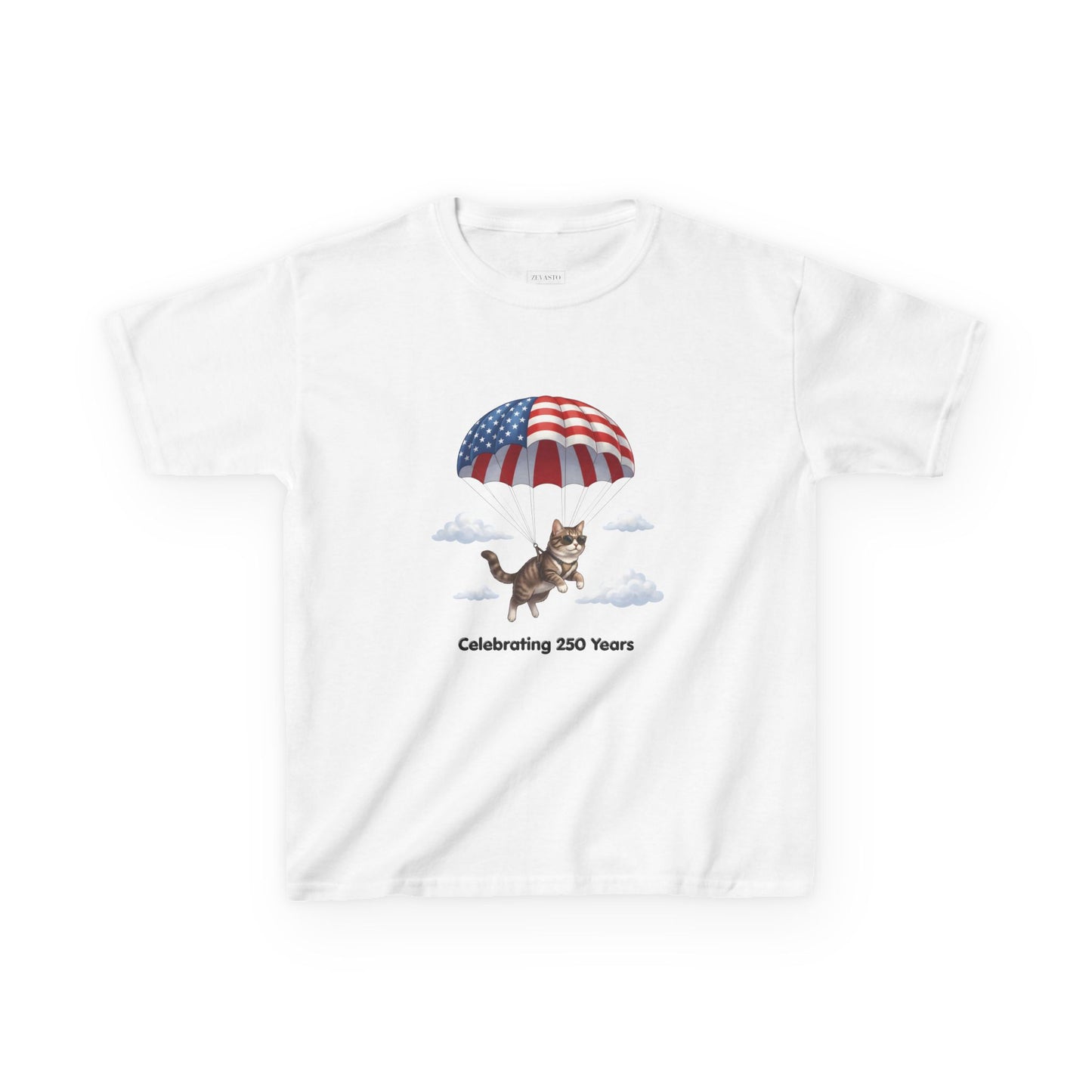 Kids Patriotic Parachuting Cat Tee — "Celebrating 250 Years"