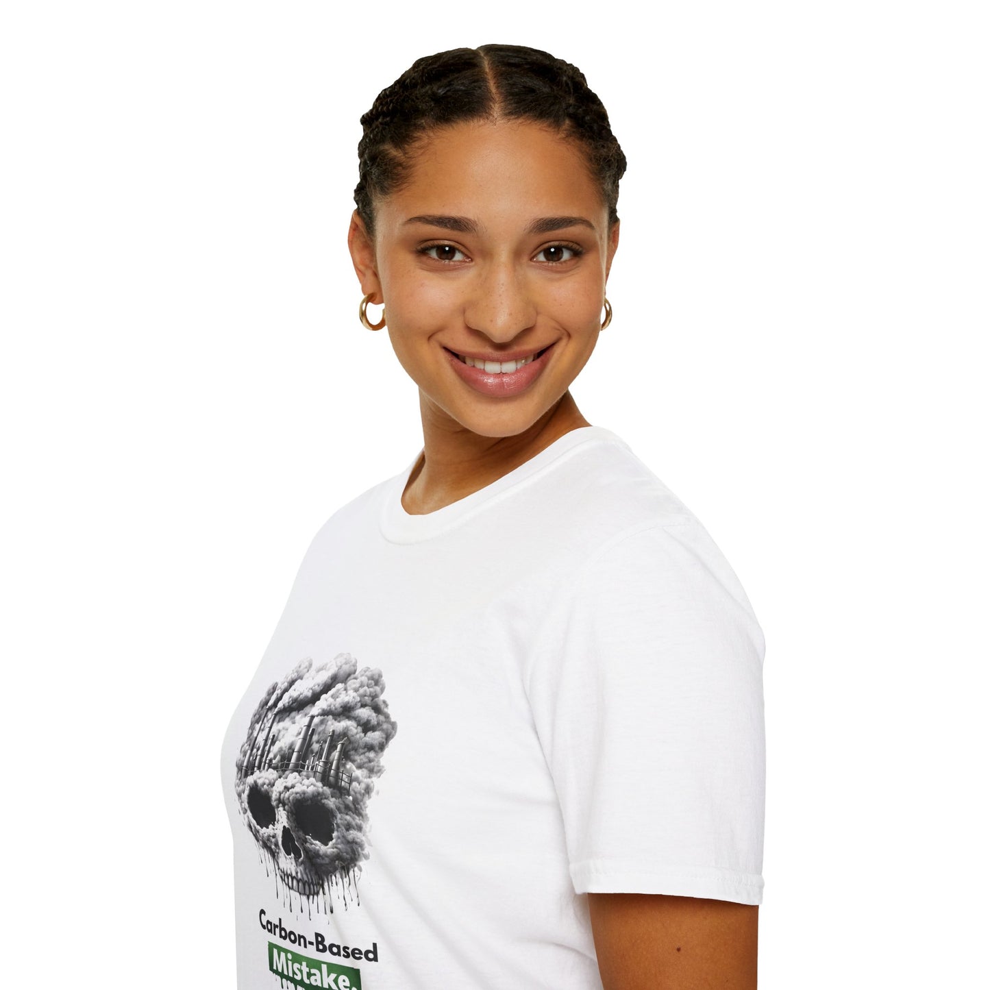 Carbon-Based Mistake Skull T-Shirt — Dark Humor Graphic Tee for Earth Day
