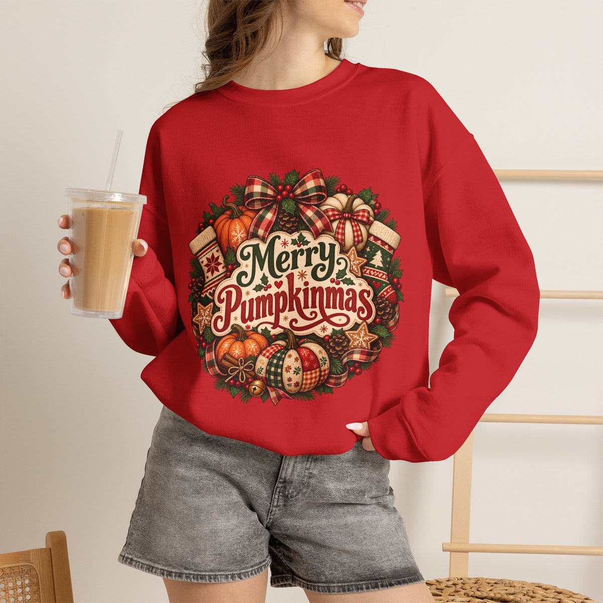 Merry Pumpkinmas Sweatshirt — Holiday Pumpkin Wreath Crewneck
