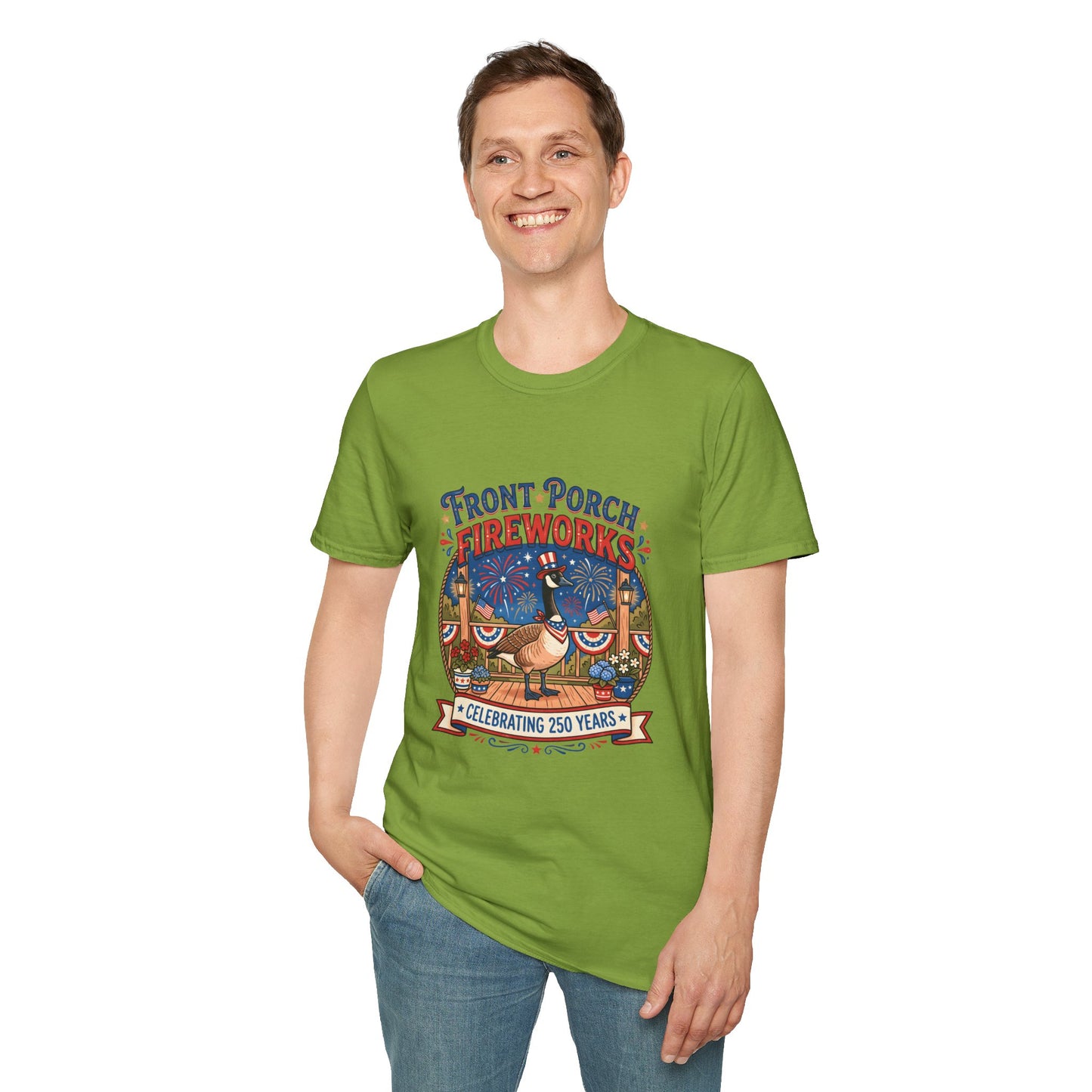 Front Porch Fireworks, Goose T-Shirt — Patriotic 4th of July Celebration Tee