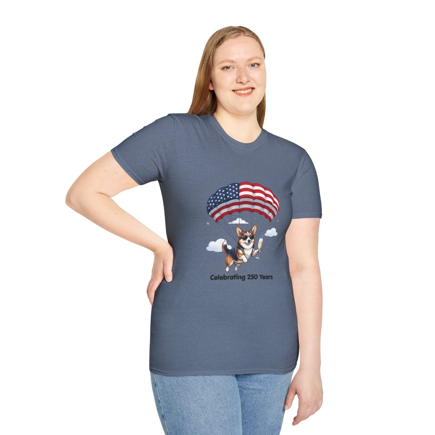 Corgi Parachute American Flag T-Shirt — "Celebrating 250 Years" Patriotic Tee