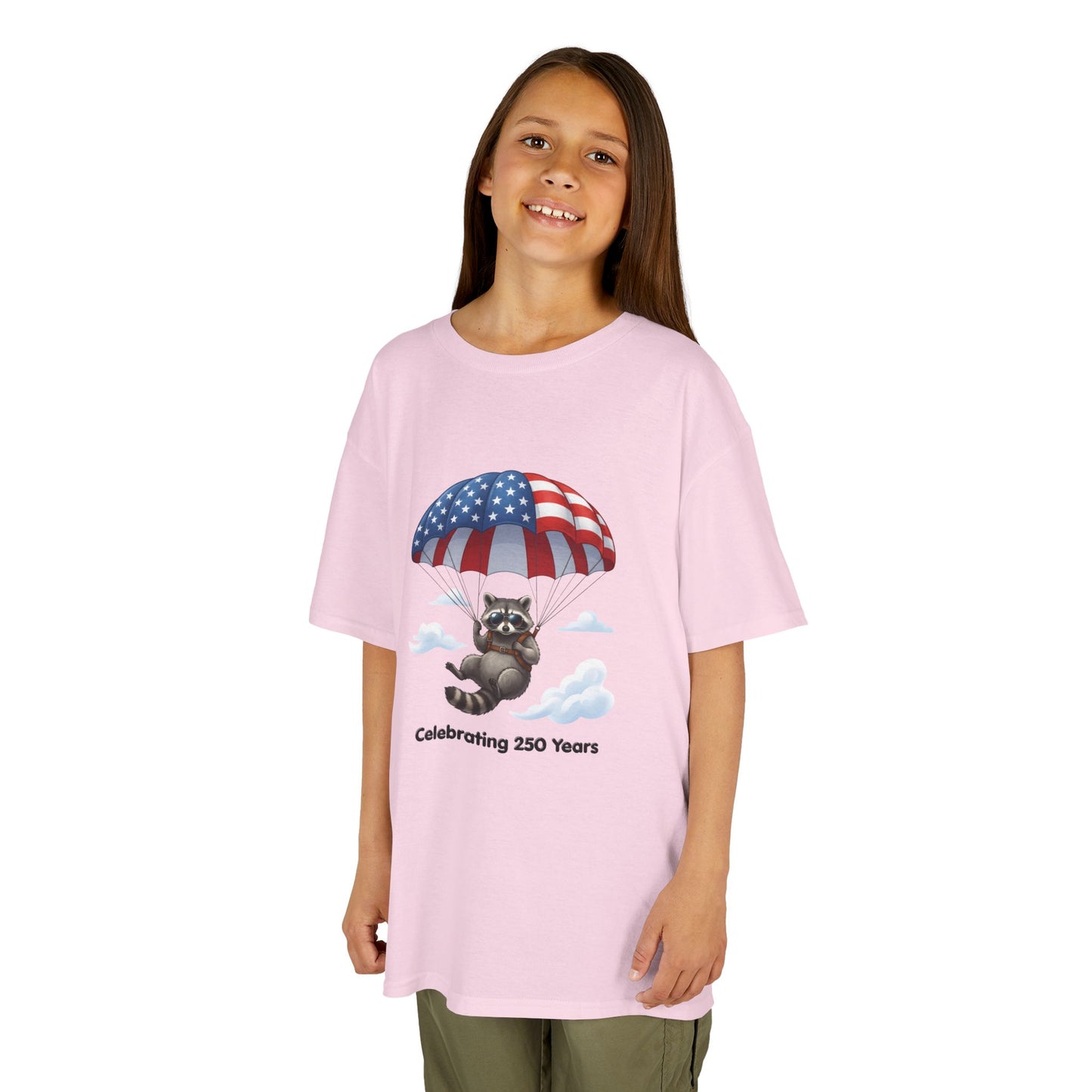 Kids T-Shirt — Patriotic Raccoon Parachute “Celebrating 250 Years”