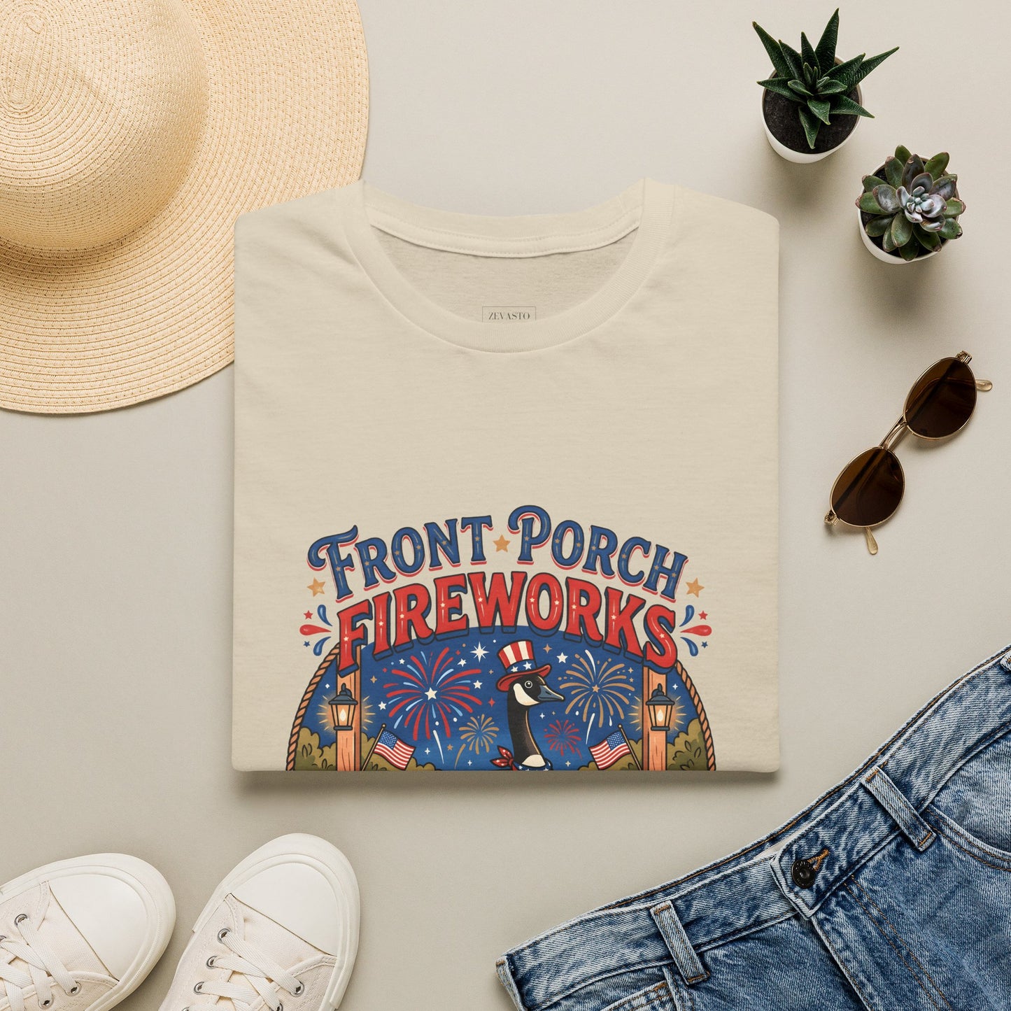Front Porch Fireworks, Goose T-Shirt — Patriotic 4th of July Celebration Tee