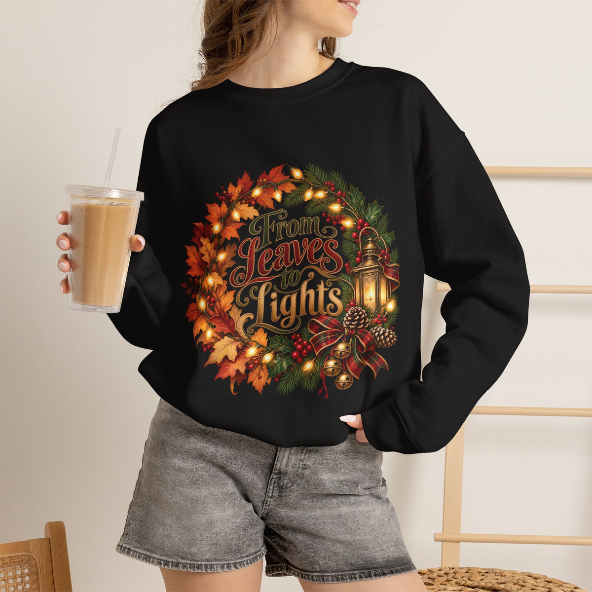 Christmas Crewneck Sweatshirt — "From Leaves to Lights" Autumn to Holiday Wreath Design