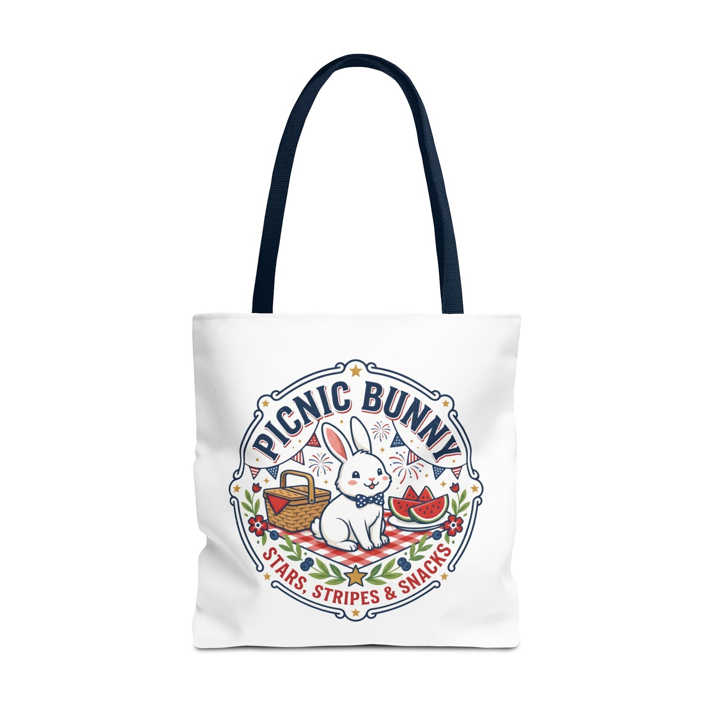 Patriotic Picnic Bunny Tote Bag — ‘Stars, Stripes & Snacks’ Cute Rabbit Picnic Tote, 4th of July Tote