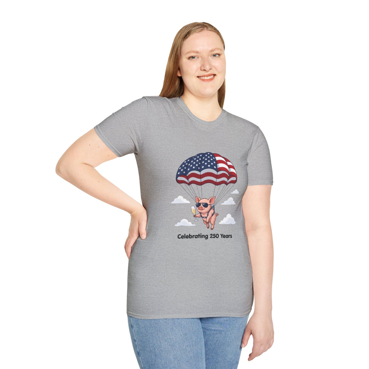 Patriotic Parachuting Piglet T-shirt - “Celebrating 250 Years”