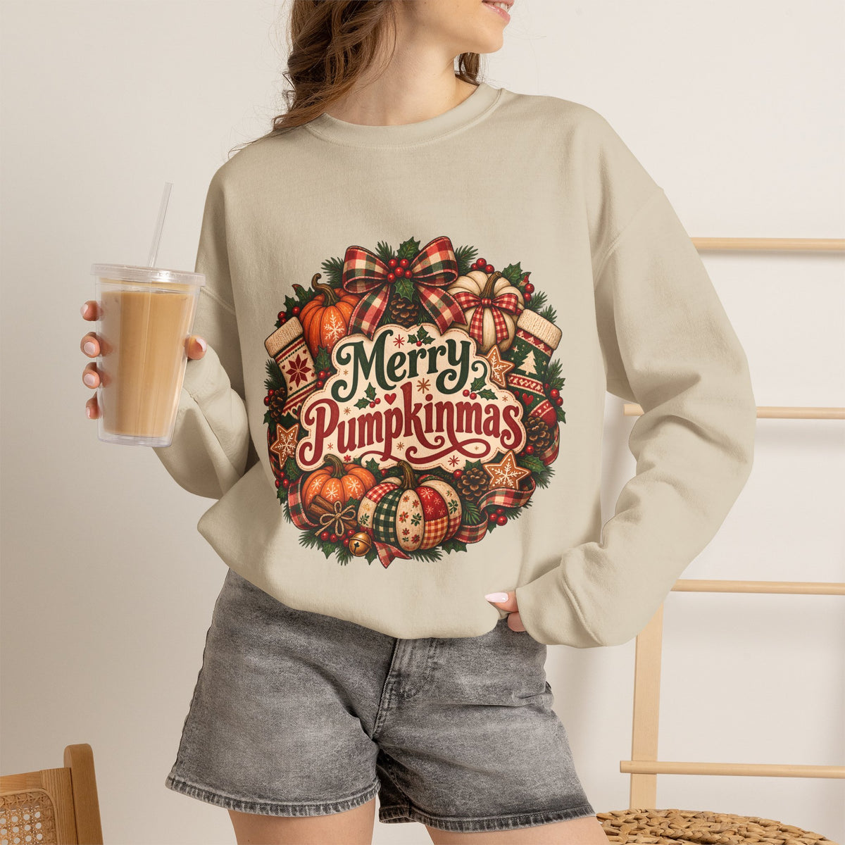 Merry Pumpkinmas Sweatshirt — Holiday Pumpkin Wreath Crewneck