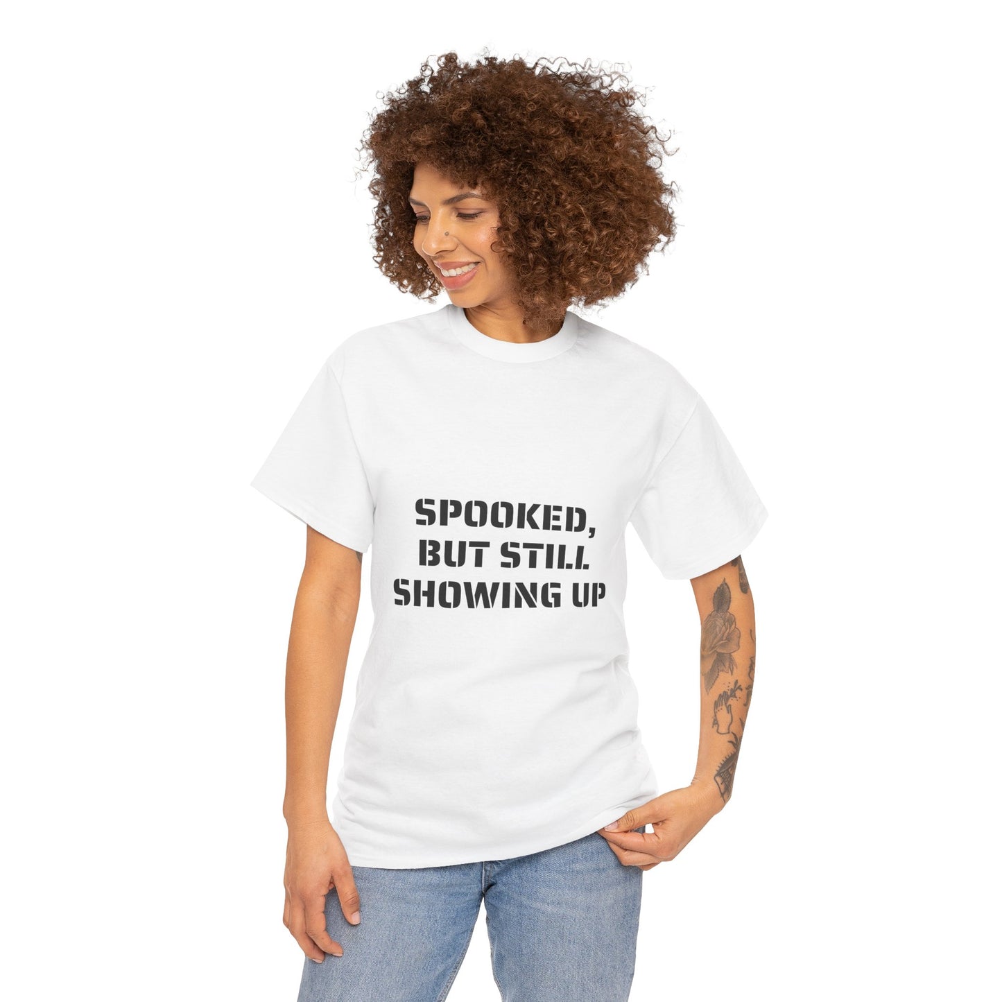 Spooked, But Still Showing Up Unisex Heavy Cotton Tee | Halloween, Funny T-Shirt