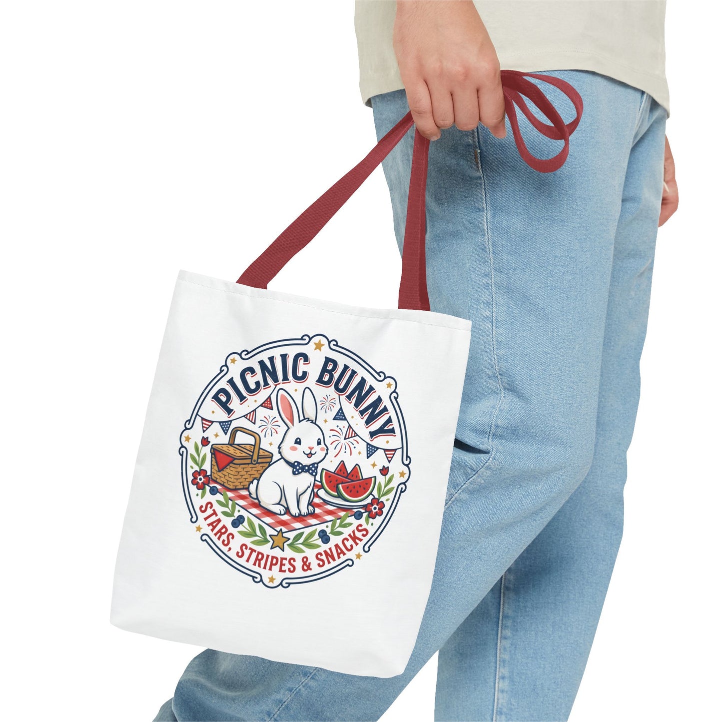 Patriotic Picnic Bunny Tote Bag — ‘Stars, Stripes & Snacks’ Cute Rabbit Picnic Tote, 4th of July Tote