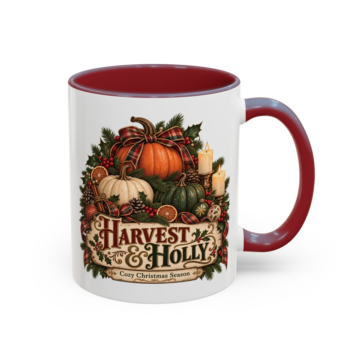 Harvest & Holly Accent Coffee Mug - Vintage Christmas Holiday Mug (11 oz)