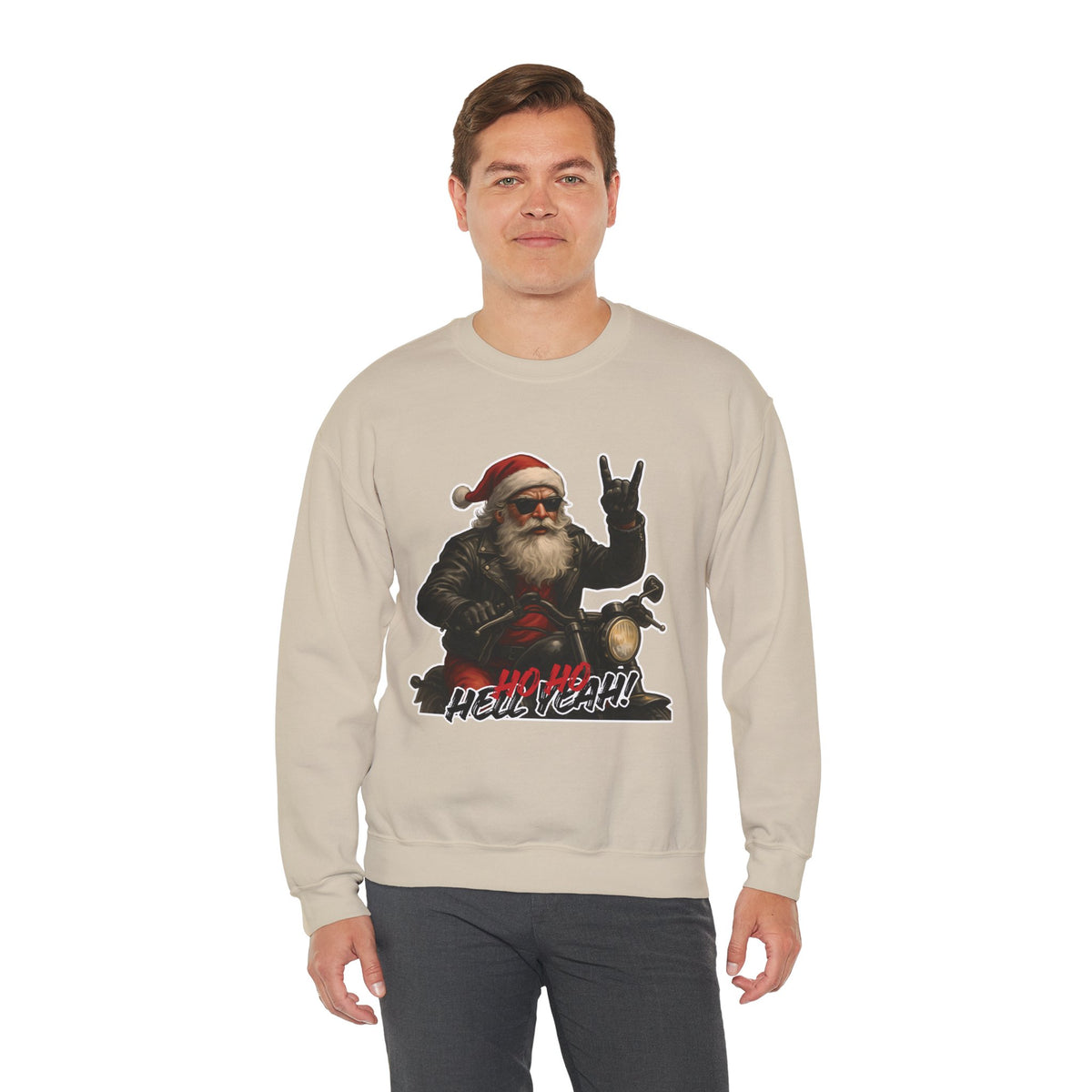 Santa Biker Crewneck Sweatshirt – 'Ho Ho Hell Yeah' Christmas Motorcycle Pullover