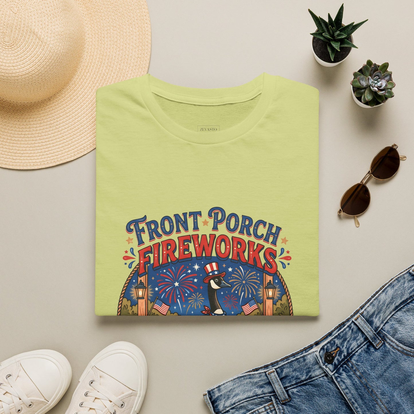 Front Porch Fireworks, Goose T-Shirt — Patriotic 4th of July Celebration Tee