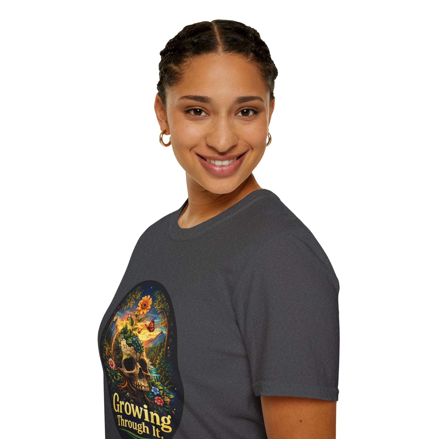 Growing Through It T-Shirt – Earth Day Nature Skull Graphic Tee | Mental Growth & Healing Shirt | Botanical Aesthetic Unisex Tee
