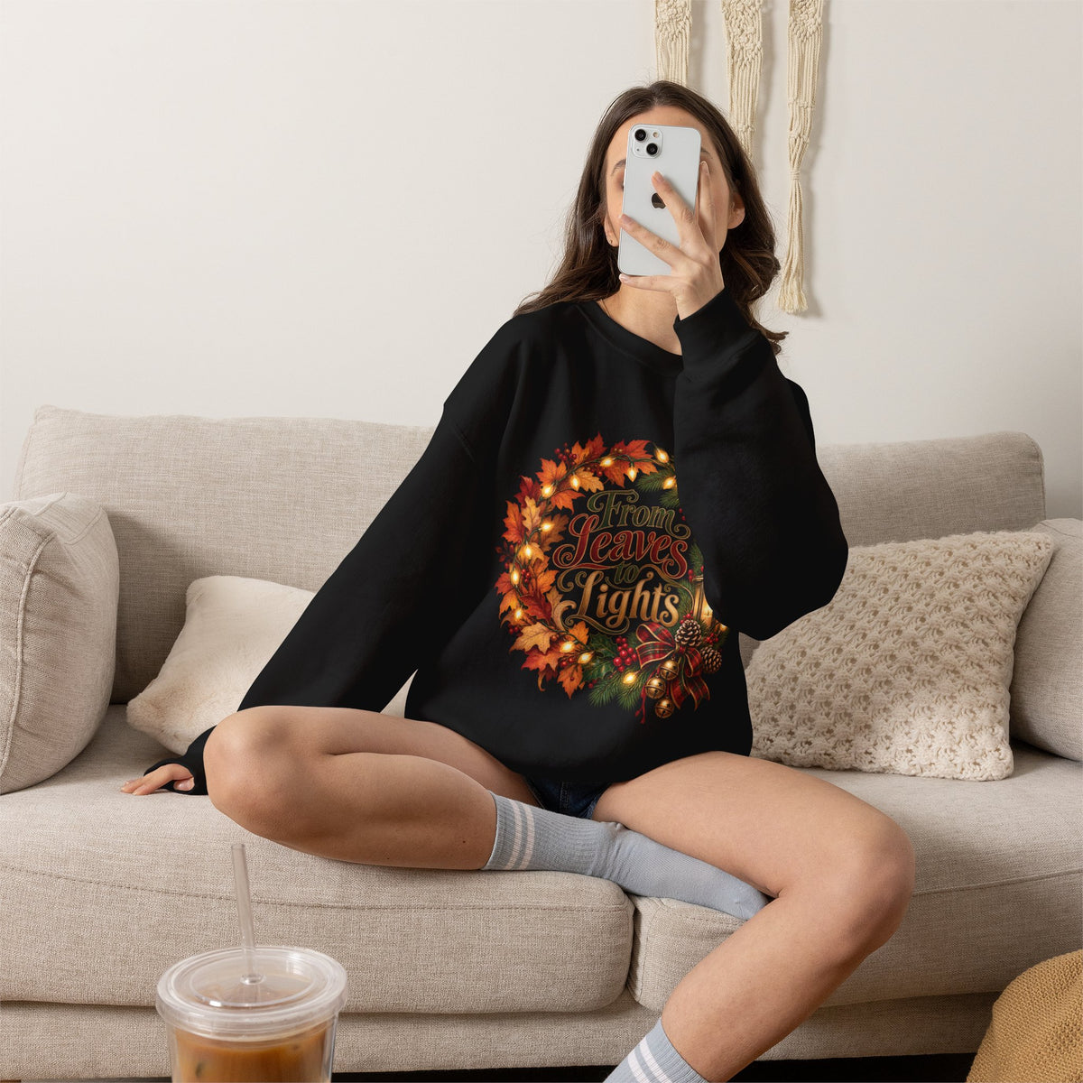 Christmas Crewneck Sweatshirt — "From Leaves to Lights" Autumn to Holiday Wreath Design