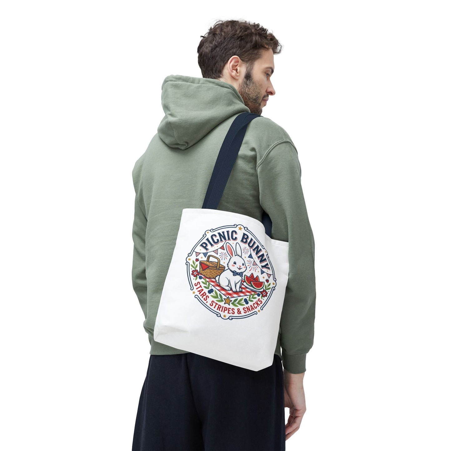 Patriotic Picnic Bunny Tote Bag — ‘Stars, Stripes & Snacks’ Cute Rabbit Picnic Tote, 4th of July Tote