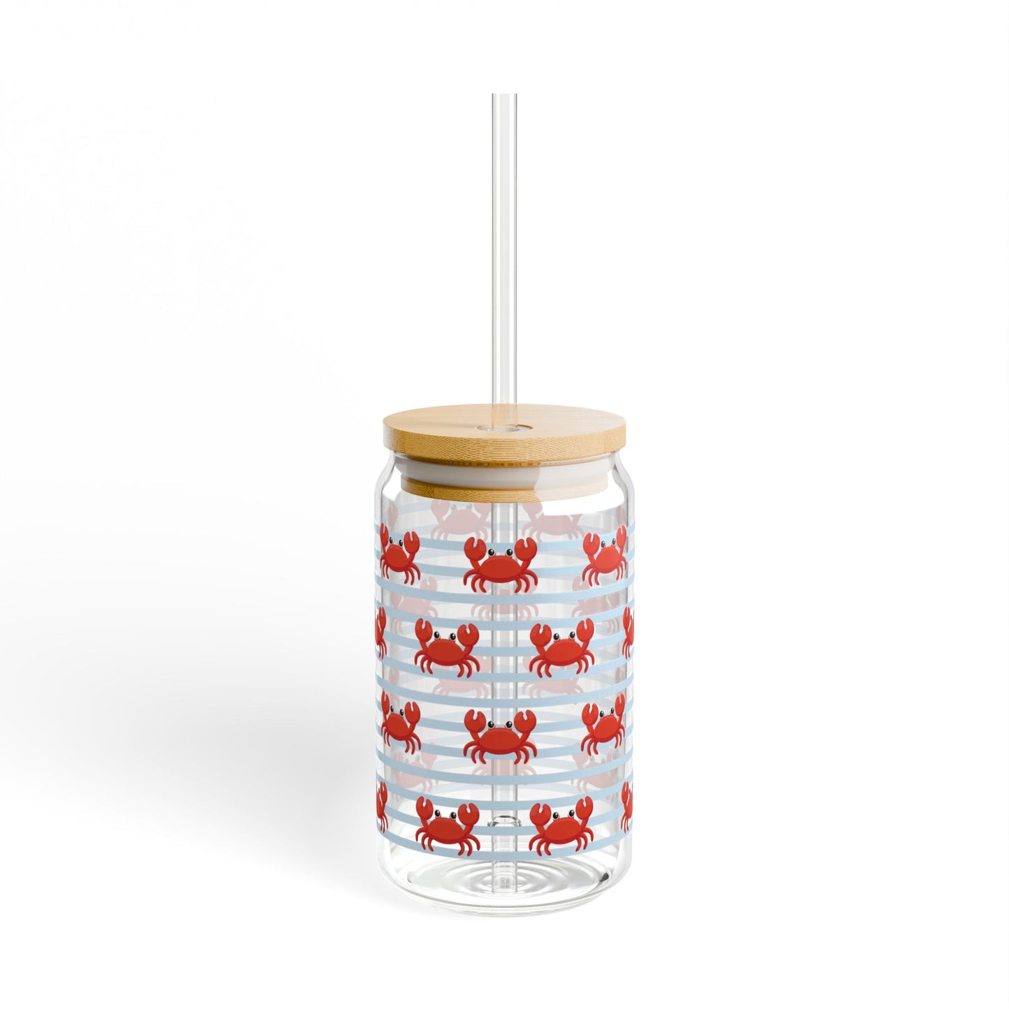Crab Pattern 16oz Sipper Glass with Bamboo Lid & Straw — Coastal Beach Drink Tumbler