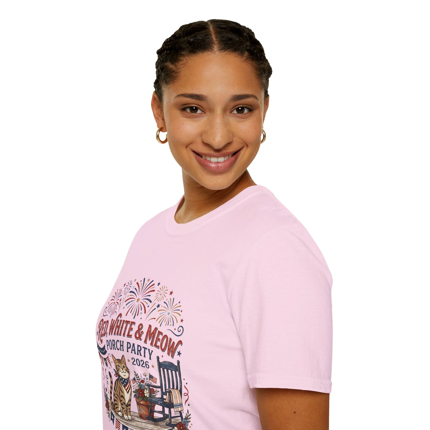 Red, White & Meow Porch Party T-Shirt — 2026 Patriotic Cat Tee, 4th of July Shirt, Independence Day Gift