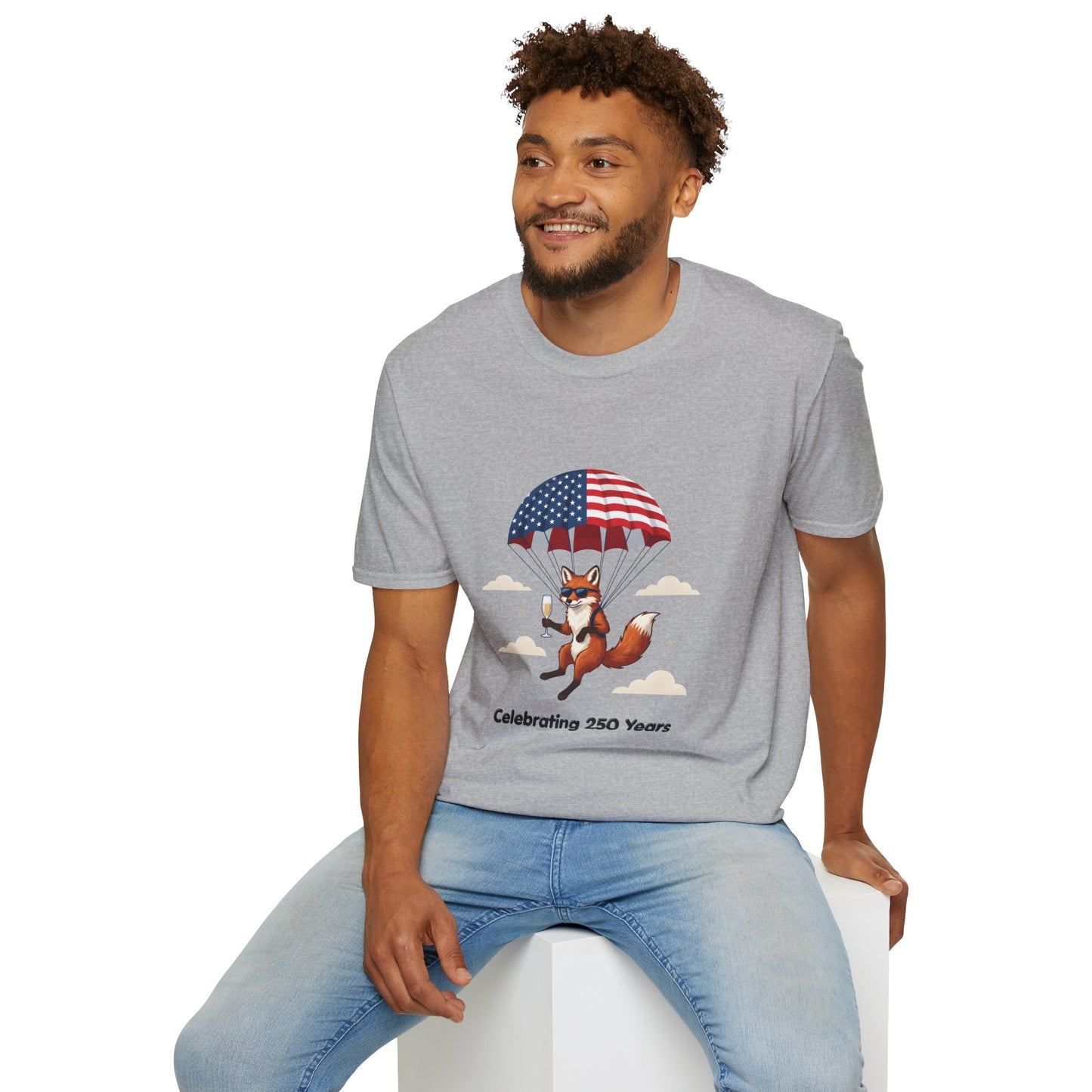 Patriotic Fox Parachute T-Shirt — "Celebrating 250 Years" Anniversary Tee