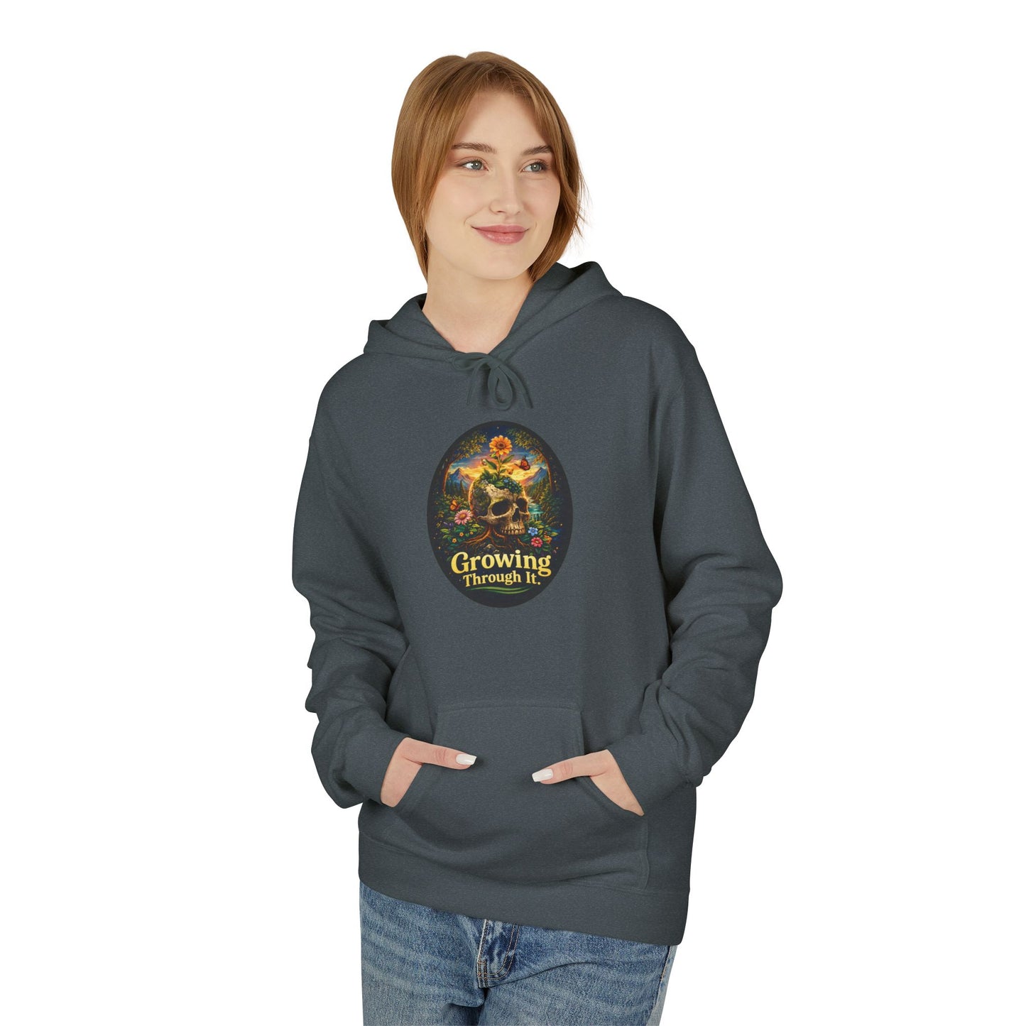 Growing Through It Hoodie – Earth Day Nature Skull Sweatshirt | Mental Growth & Healing Hoodie | Botanical Aesthetic Unisex Hoodie