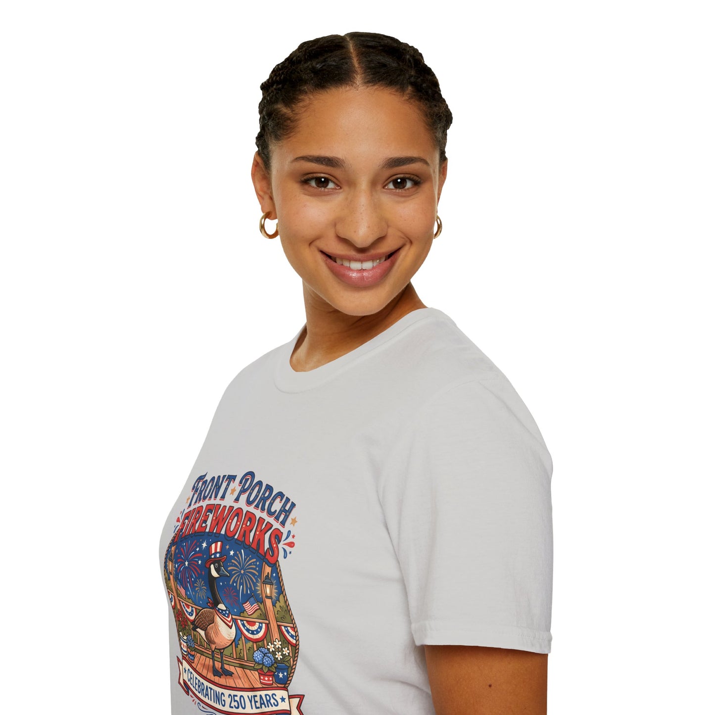 Front Porch Fireworks, Goose T-Shirt — Patriotic 4th of July Celebration Tee