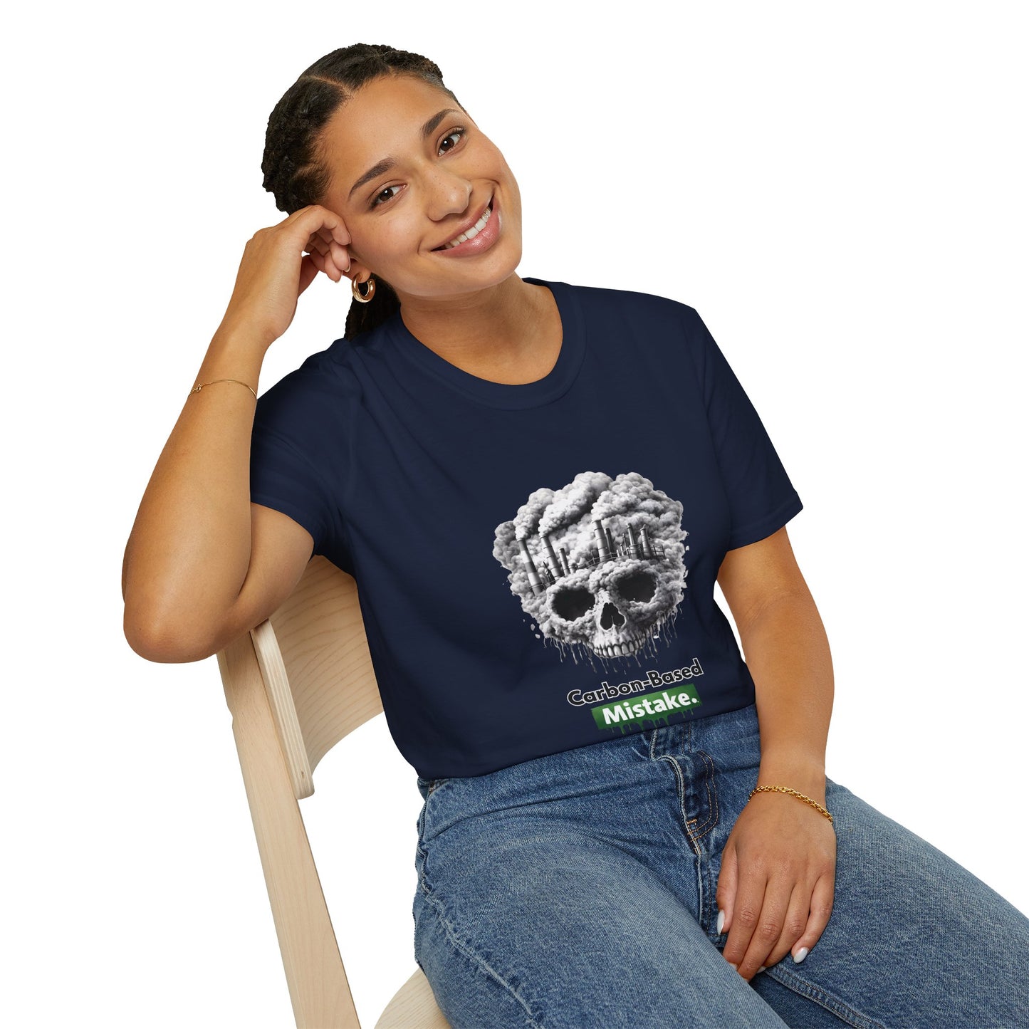 Carbon-Based Mistake Skull T-Shirt — Dark Humor Graphic Tee for Earth Day