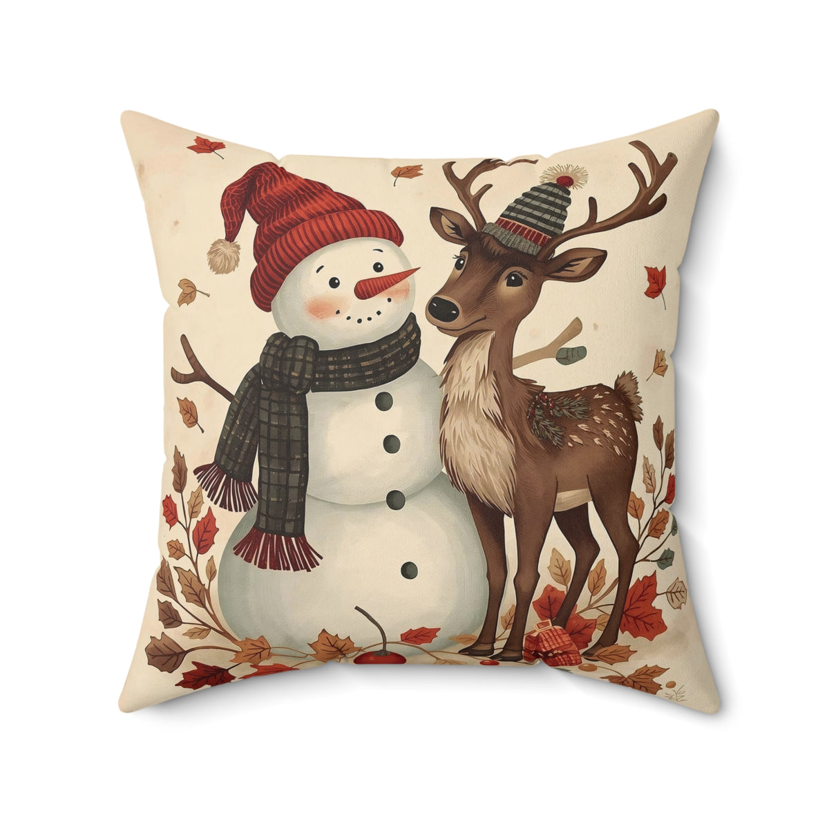 Festive Snowman & Reindeer Holiday Pillow — Cozy Christmas Decorative Throw Pillow