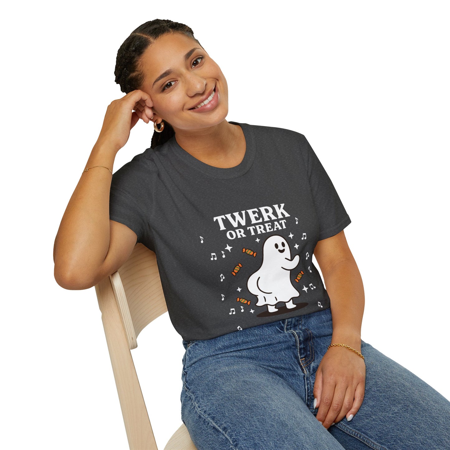 Whimsical Halloween T-Shirt for Adults, Fun Ghost Tee, Twerk or Treat Shirt, Unisex Costume Top, Spooky Celebration Apparel