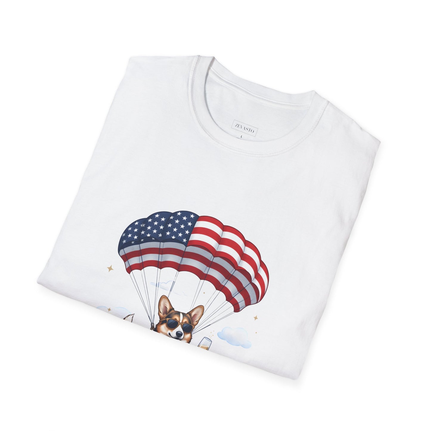 Corgi Parachute American Flag T-Shirt — "Celebrating 250 Years" Patriotic Tee