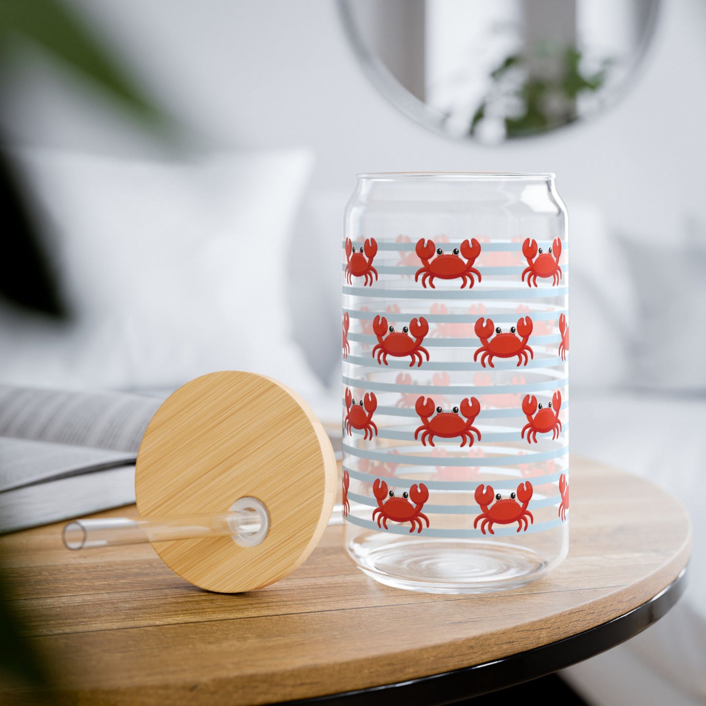 Crab Pattern 16oz Sipper Glass with Bamboo Lid & Straw — Coastal Beach Drink Tumbler
