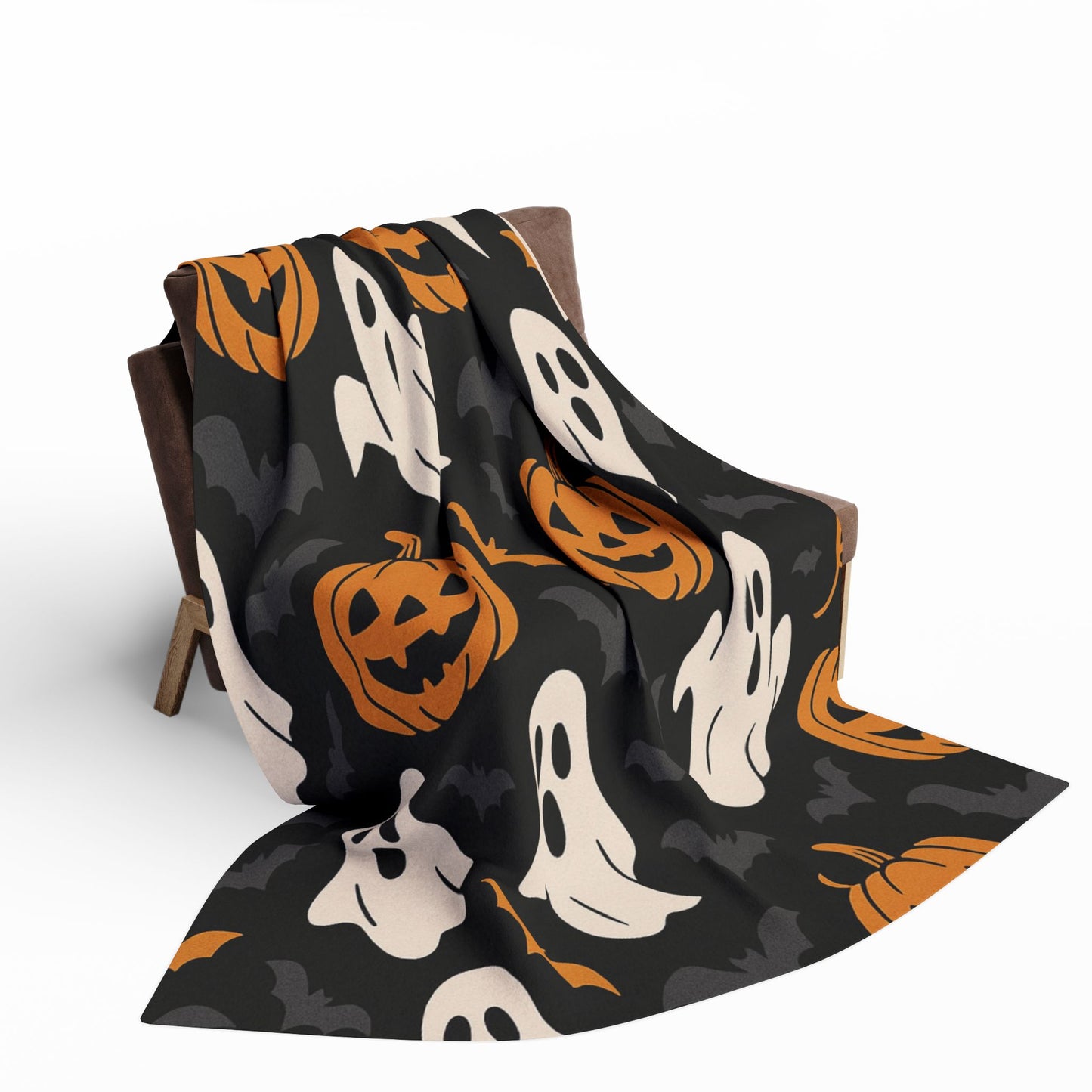 Halloween Fleece Blanket with Ghosts and Pumpkins, Cozy Throw for Fall Decor