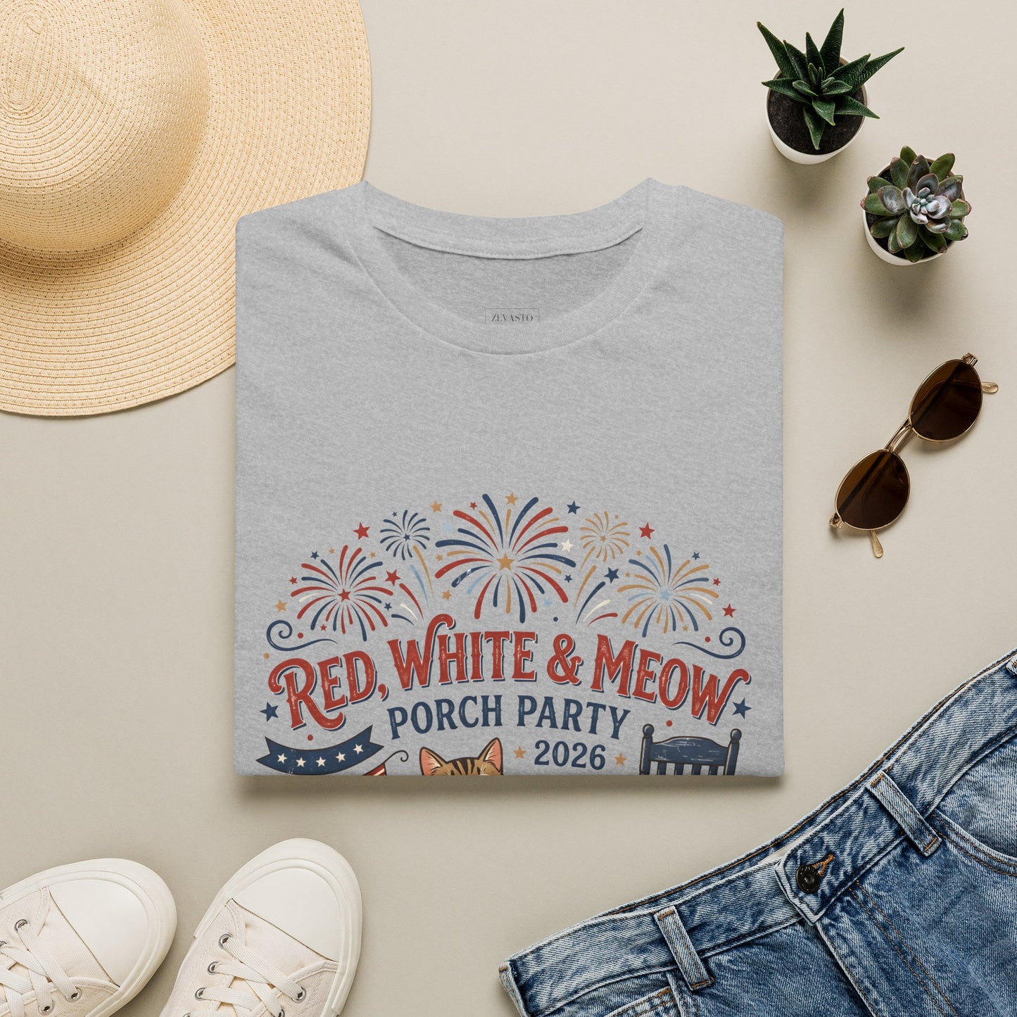Red, White & Meow Porch Party T-Shirt — 2026 Patriotic Cat Tee, 4th of July Shirt, Independence Day Gift