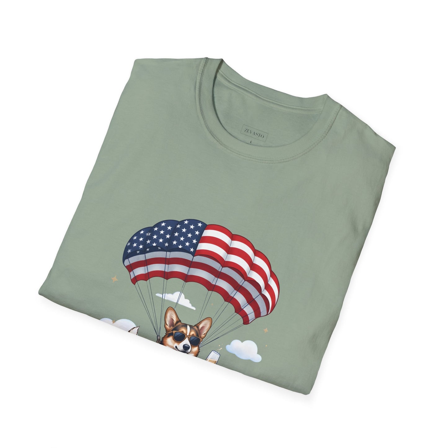 Corgi Parachute American Flag T-Shirt — "Celebrating 250 Years" Patriotic Tee